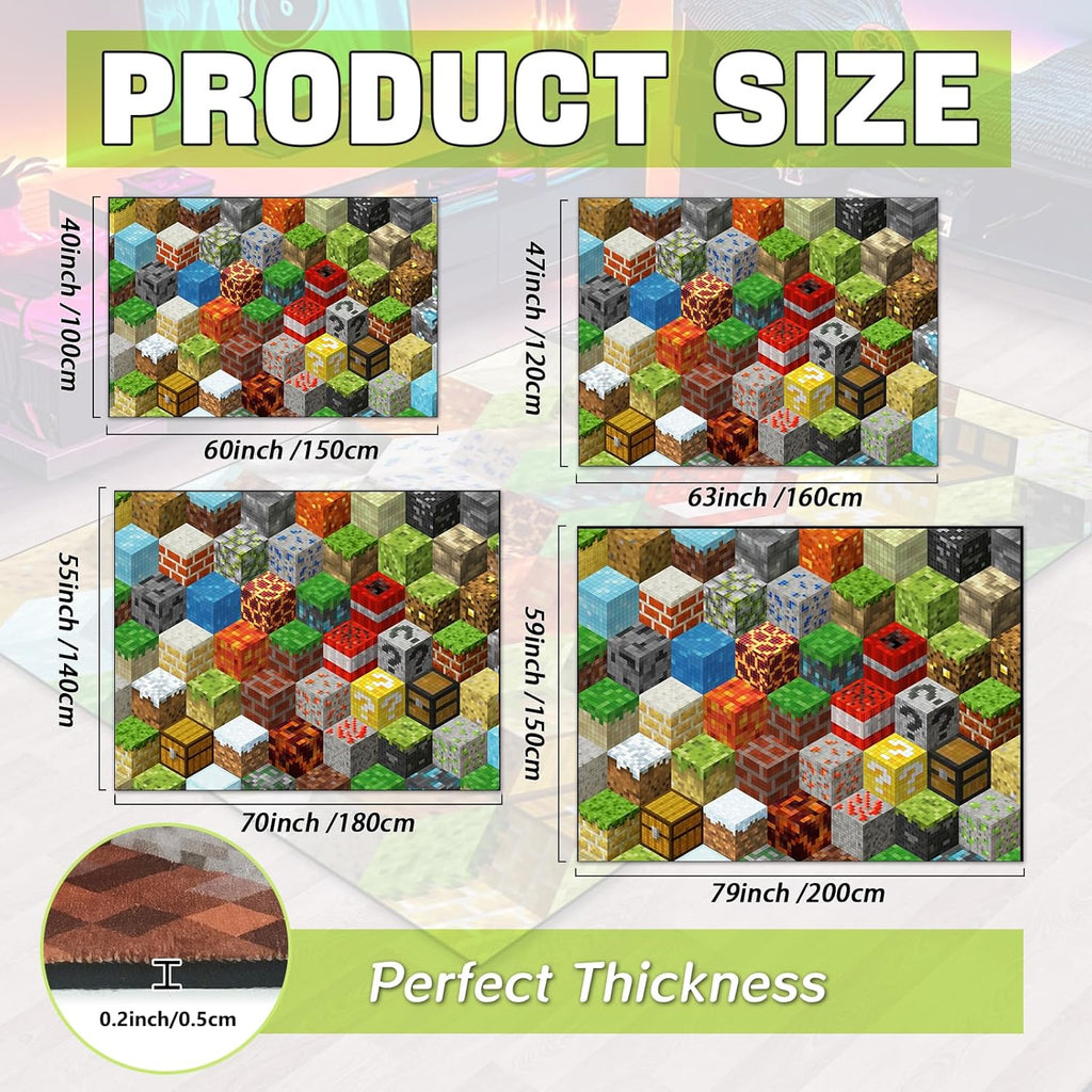 Block Game Rug Teen Boys Carpet with Pixel Games Element Decoration Mat, Cube Block Game Rugs for Boy’s Bedroom Living Room Playroom, Non-Slip Children Gaming Area Rugs (79" x 59")