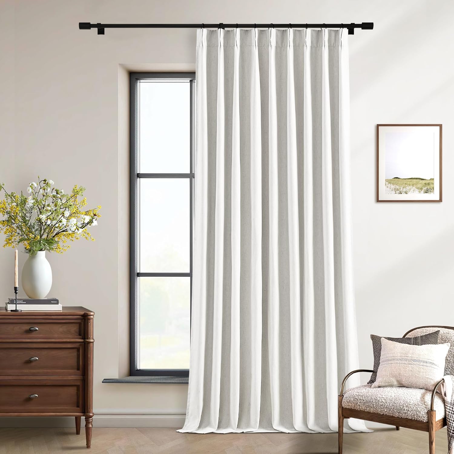 102 Inches Long Pinch Pleated Linen Blackout Curtains for Bedroom Back Tab Track Memory Trained Shape Farmhouse Light Blocking Curtains 102 Inch Length for Living Dining Room Darkening Drapes Cream