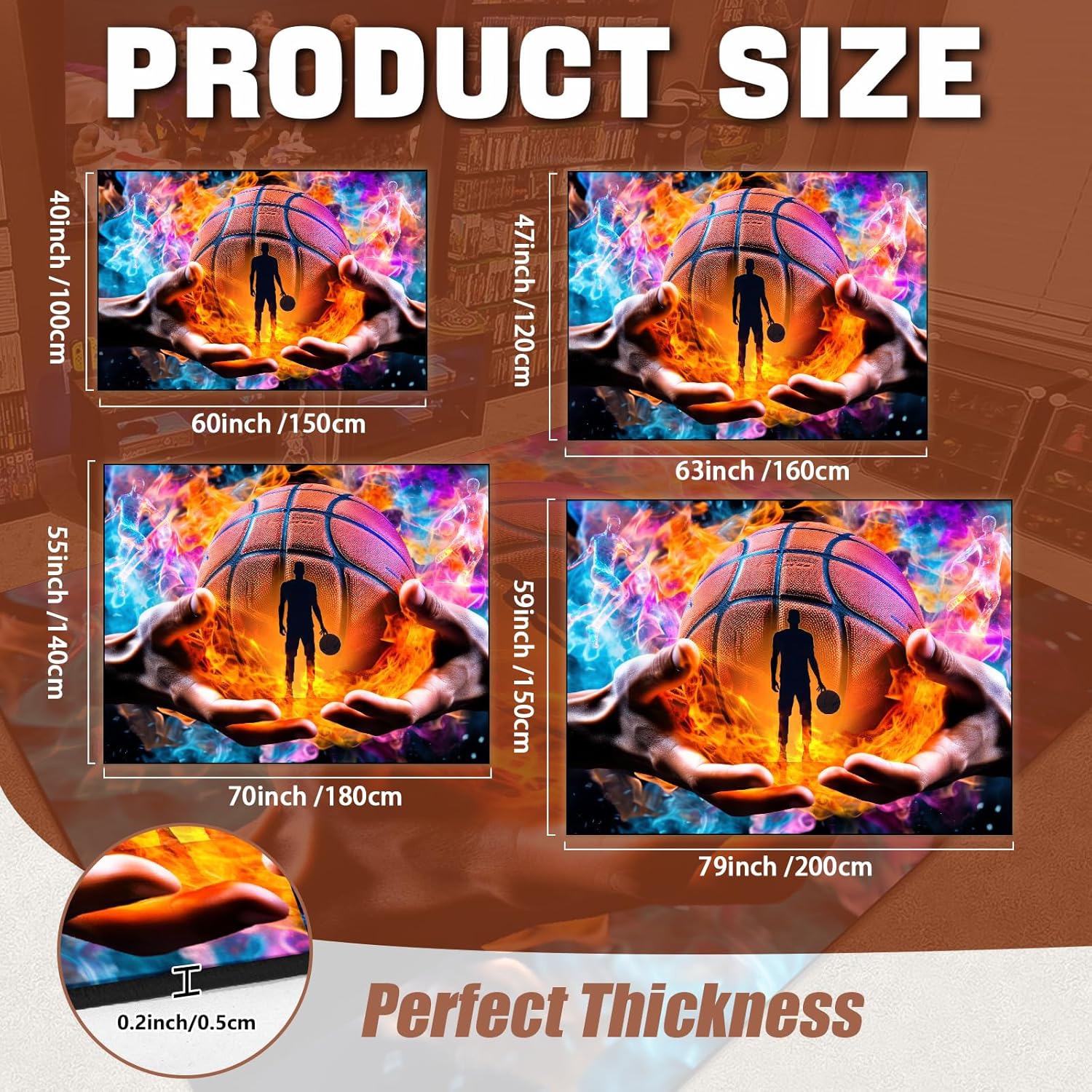 Washable Game Area Rug, Sports Ball Design Gaming Teen Carpet Rug Doormat, Non-Slip Low-Pile Floor Carpet for Computer Bedroom Indoor Front Entrance Living Room Office (Basketball 1, 79" x 59")