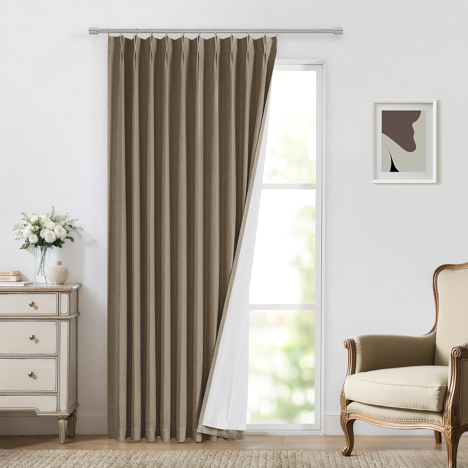 Vision Home Natural Pinch Pleated Full Blackout Curtains Linen Blended Room Darkening Window Curtains 90 inch for Living Room Bedroom Thermal Insulated Pinch Pleat Drapes with Hooks 2 Panel 40"Wx90"L