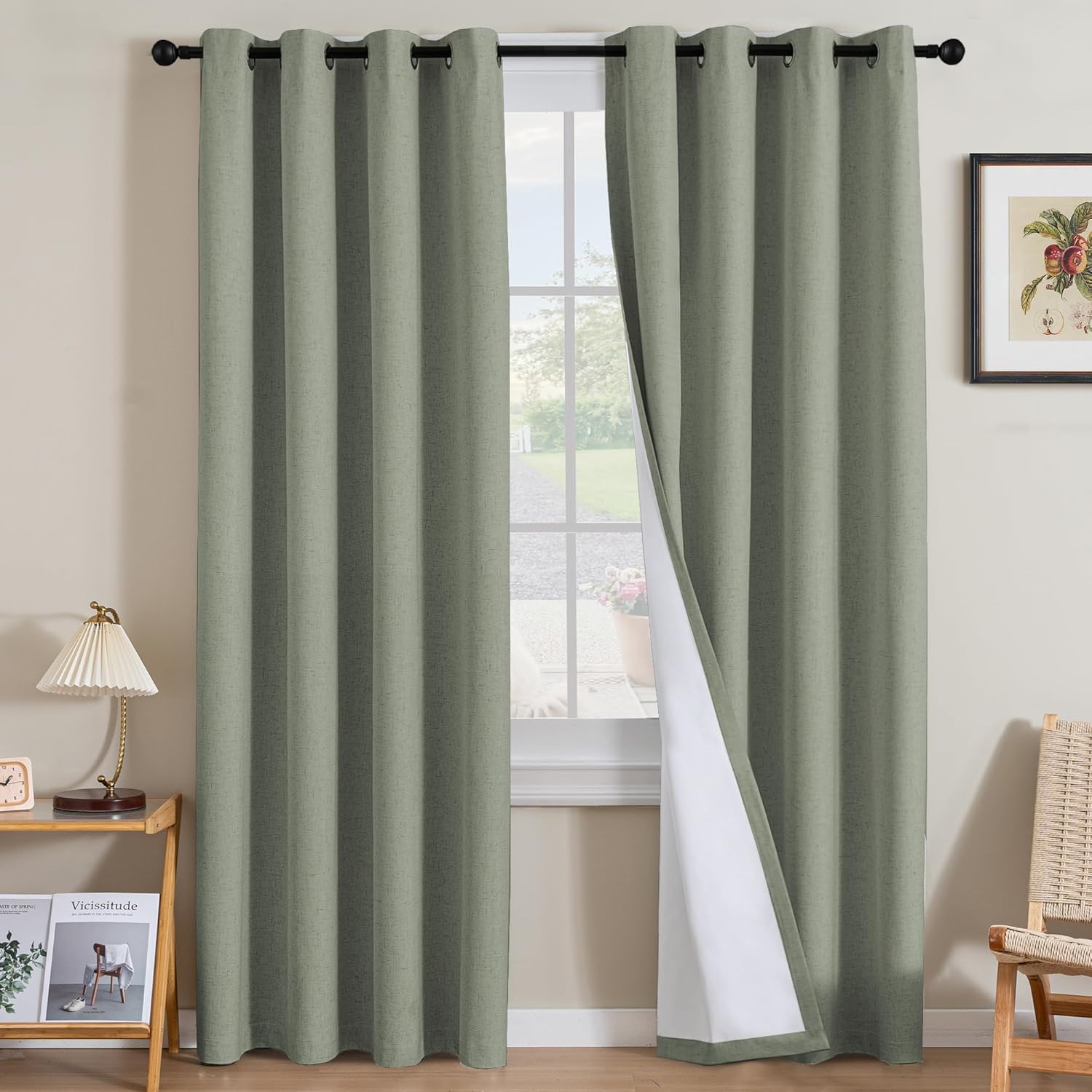 H.VERSAILTEX Blackout Curtains, Linen Curtains 108 inches Long 100% Black Out Curtains for Bedroom Windows, Textured Linen Look Draperies Grommet with White Liner, 2 Panels, Natural