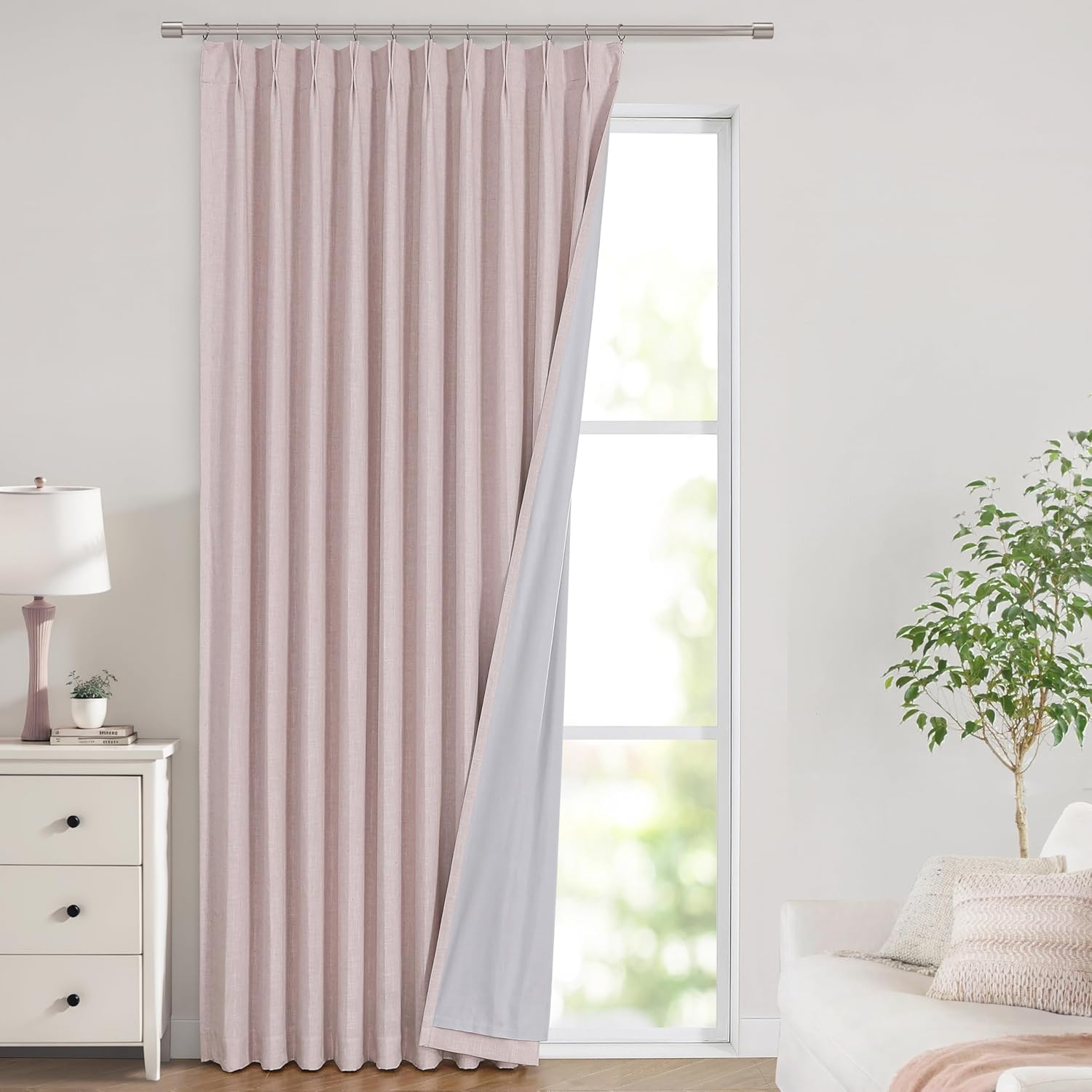 Vision Home Natural Pinch Pleated Full Blackout Curtains Linen Blended Room Darkening Window Curtains 90 inch for Living Room Bedroom Thermal Insulated Pinch Pleat Drapes with Hooks 2 Panel 40"Wx90"L