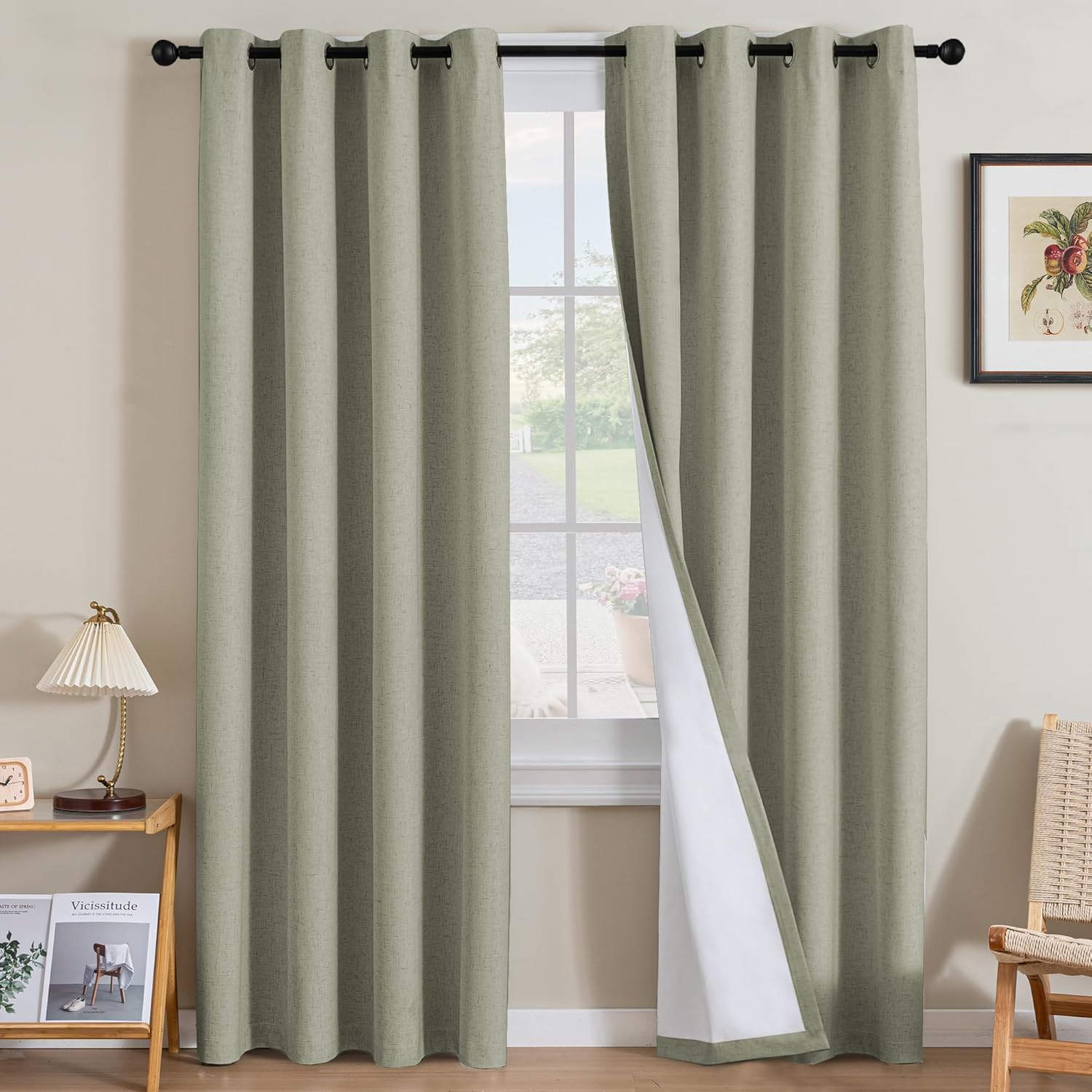 H.VERSAILTEX Blackout Curtains, Linen Curtains 108 inches Long 100% Black Out Curtains for Bedroom Windows, Textured Linen Look Draperies Grommet with White Liner, 2 Panels, Natural