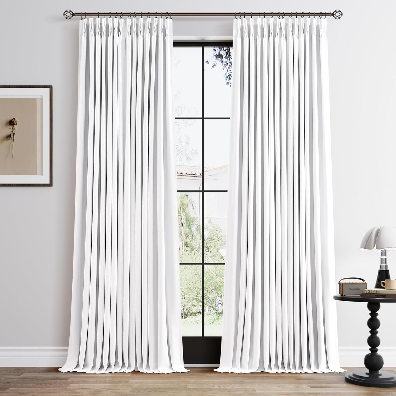 100% Blackout Pinch Pleated Curtains Linen 90 Inches Long for Bedroom 2 Panels Set Full Black Out Thermal Insulated Curtain Natural Boho Farmhouse Pinch Pleat Double Layer Room Darkening Drapes Cream
