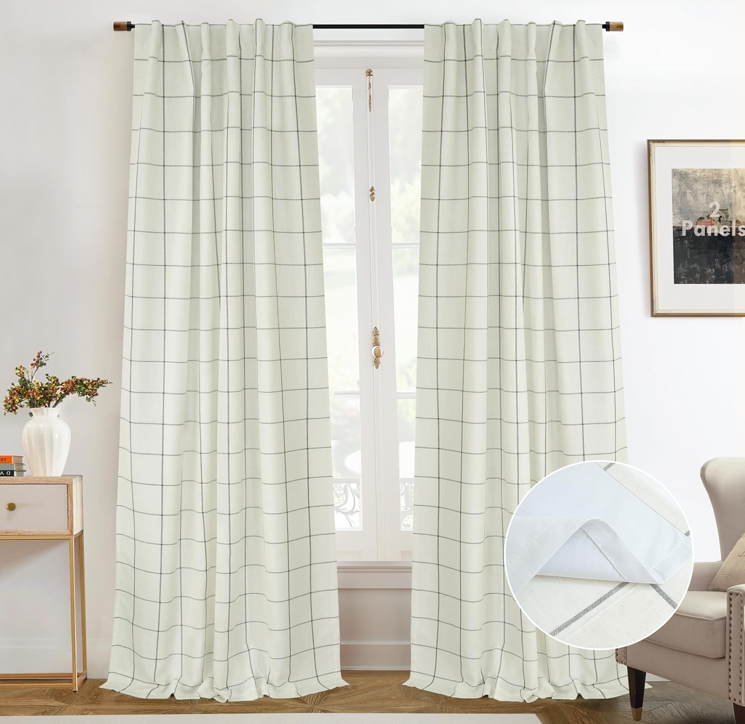 DriftAway 2 Panels 100% Blackout Windowpane Plaid Linen Curtains Double Layer Drapes for Bedroom 84 Inches Long Farmhouse Thermal Insulated 3.25 Inch Rod Pocket Back Tab for Living Room Taupe