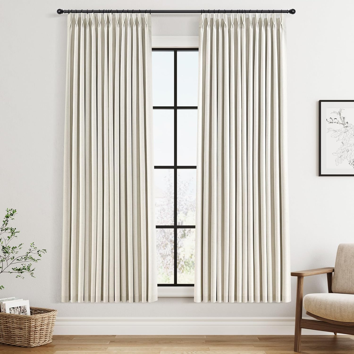 Pinch Pleated 100% Blackout Linen Curtains 96 Inches Long for Bedroom Living Room Memory Trained Pinch Pleat Linen Curtains Rustic Farmhouse Thermal Insulated Natural Cream Pleated Drapes 8ft 40x96