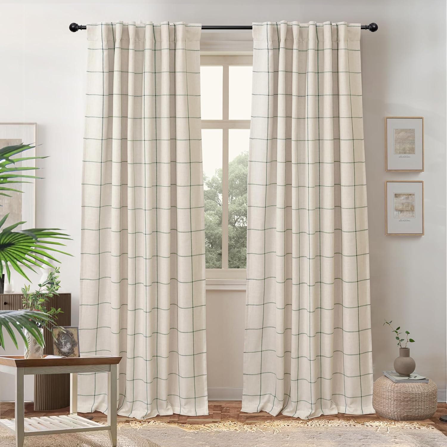 DriftAway 2 Panels 100% Blackout Windowpane Plaid Linen Curtains Double Layer Drapes for Bedroom 84 Inches Long Farmhouse Thermal Insulated 3.25 Inch Rod Pocket Back Tab for Living Room Taupe