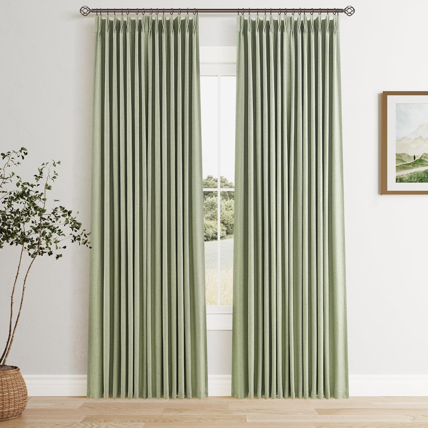 100% Blackout Pinch Pleated Curtains Linen 90 Inches Long for Bedroom 2 Panels Set Full Black Out Thermal Insulated Curtain Natural Boho Farmhouse Pinch Pleat Double Layer Room Darkening Drapes Cream