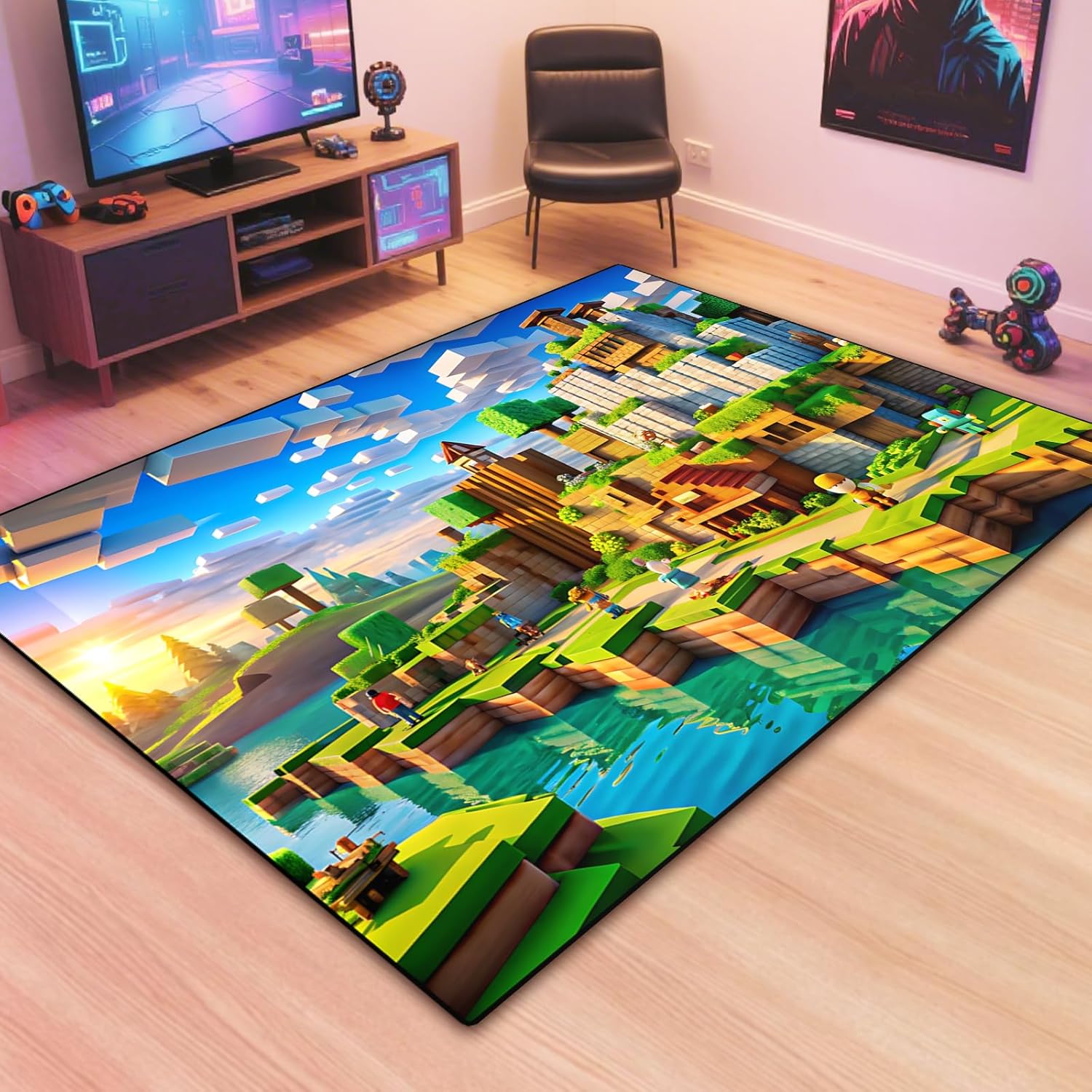 Block Game Rug Teen Kids Carpet, Pixel Games Scene Decoration Mat, Washable Cube Block Game Rugs for Boy’s Bedroom Living Room Playroom, Non-Slip Children Gaming Area Rugs (Green Village, 79" x 59")