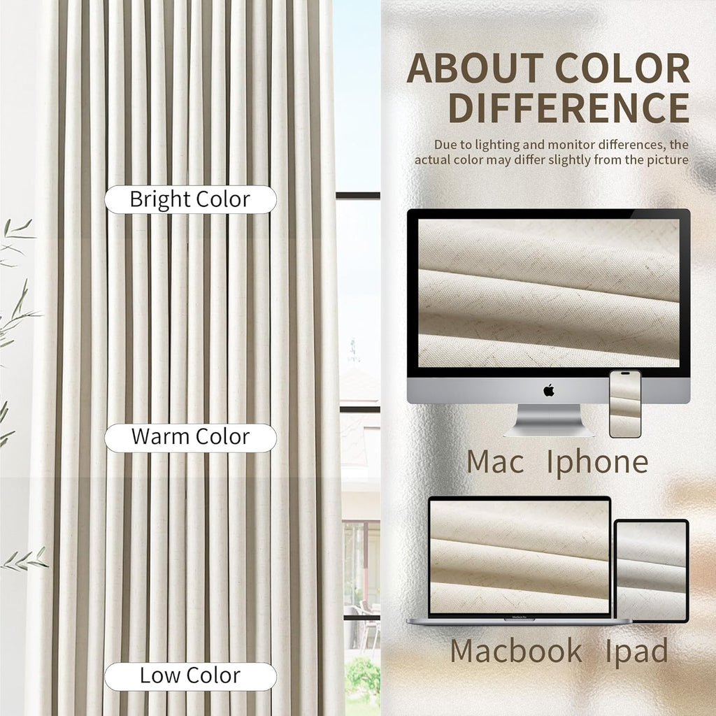 Pinch Pleated 100% Blackout Linen Curtains 96 Inches Long for Bedroom Living Room Memory Trained Pinch Pleat Linen Curtains Rustic Farmhouse Thermal Insulated Natural Cream Pleated Drapes 8ft 40x96