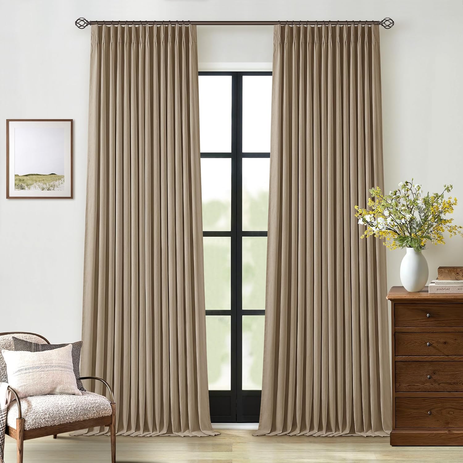 102 Inches Long Pinch Pleated Linen Blackout Curtains for Bedroom Back Tab Track Memory Trained Shape Farmhouse Light Blocking Curtains 102 Inch Length for Living Dining Room Darkening Drapes Cream