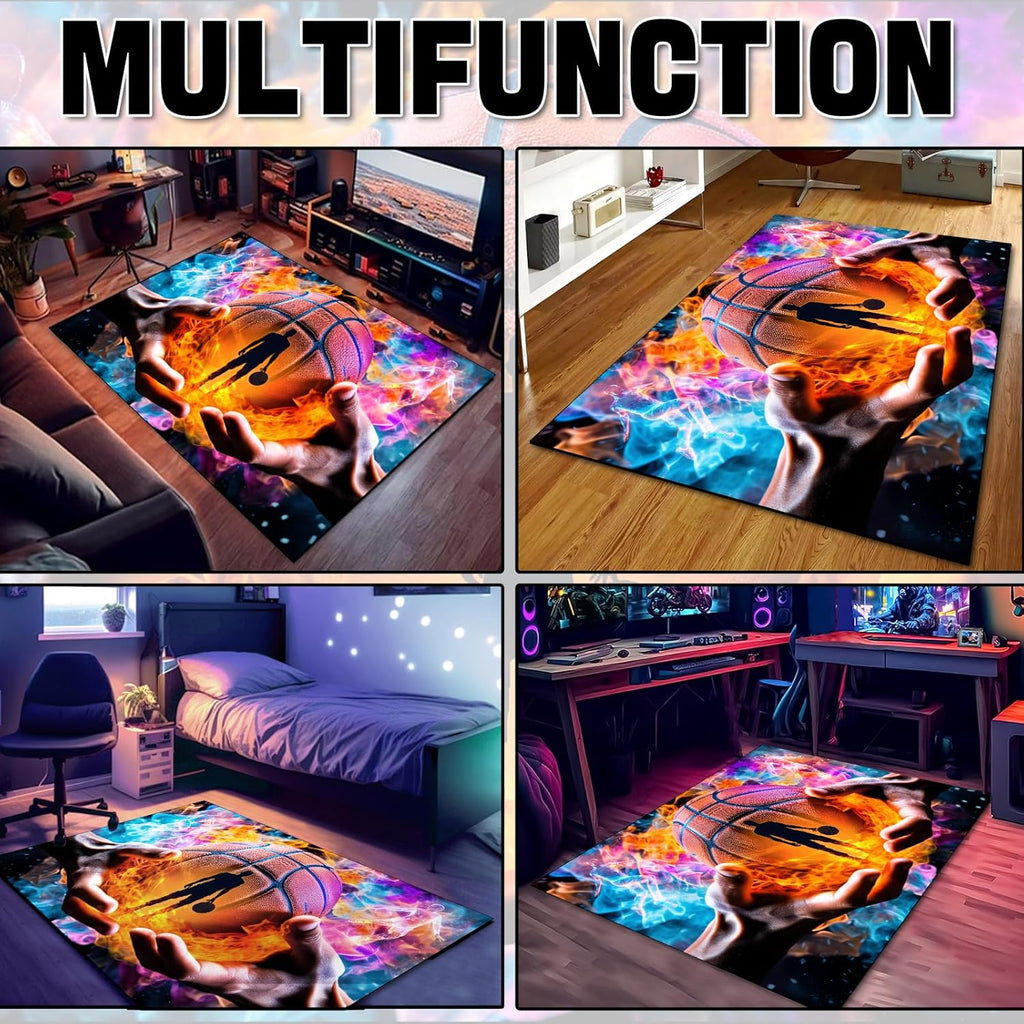 Washable Game Area Rug, Sports Ball Design Gaming Teen Carpet Rug Doormat, Non-Slip Low-Pile Floor Carpet for Computer Bedroom Indoor Front Entrance Living Room Office (Basketball 1, 79" x 59")