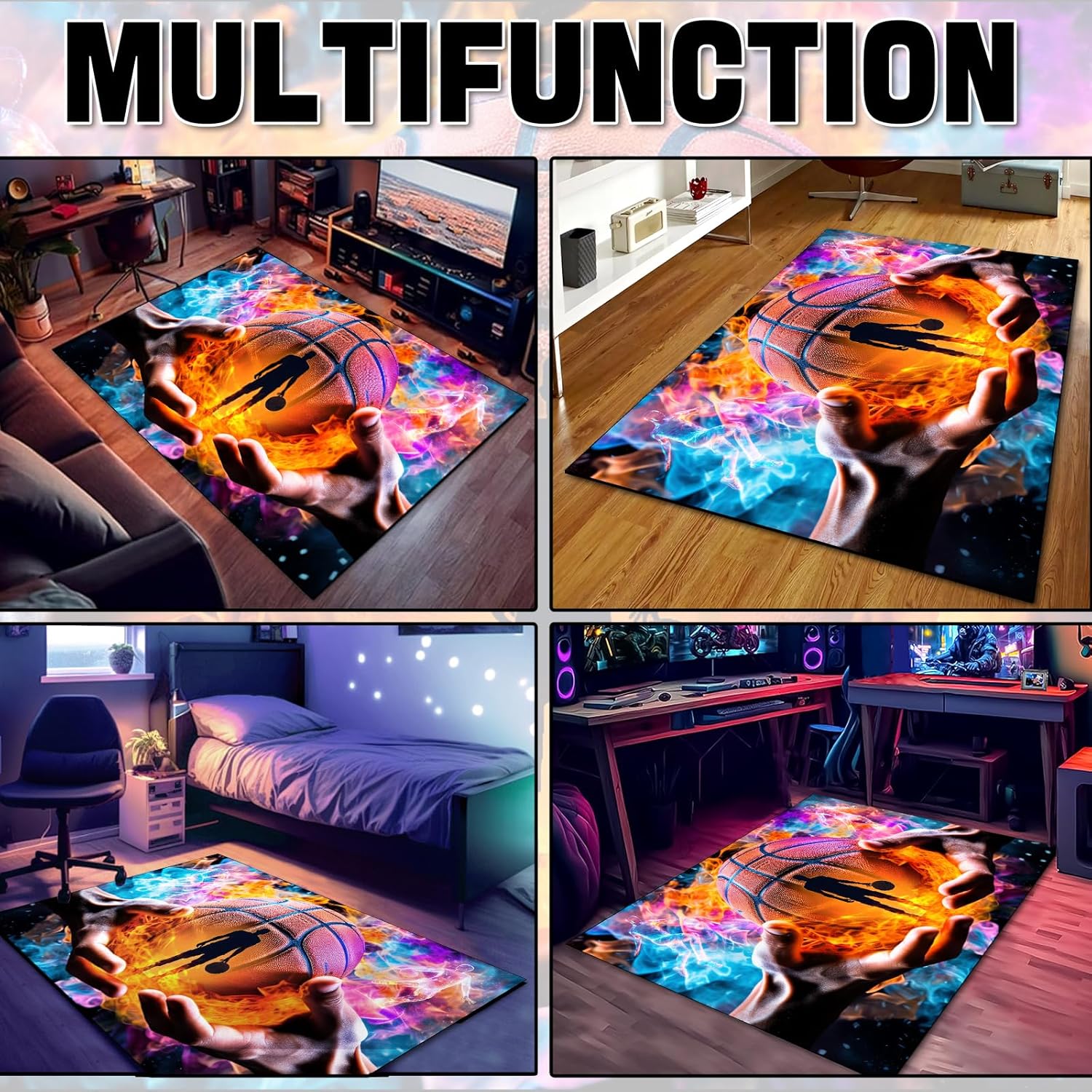 Washable Game Area Rug, Sports Ball Design Gaming Teen Carpet Rug Doormat, Non-Slip Low-Pile Floor Carpet for Computer Bedroom Indoor Front Entrance Living Room Office (Basketball 1, 79" x 59")