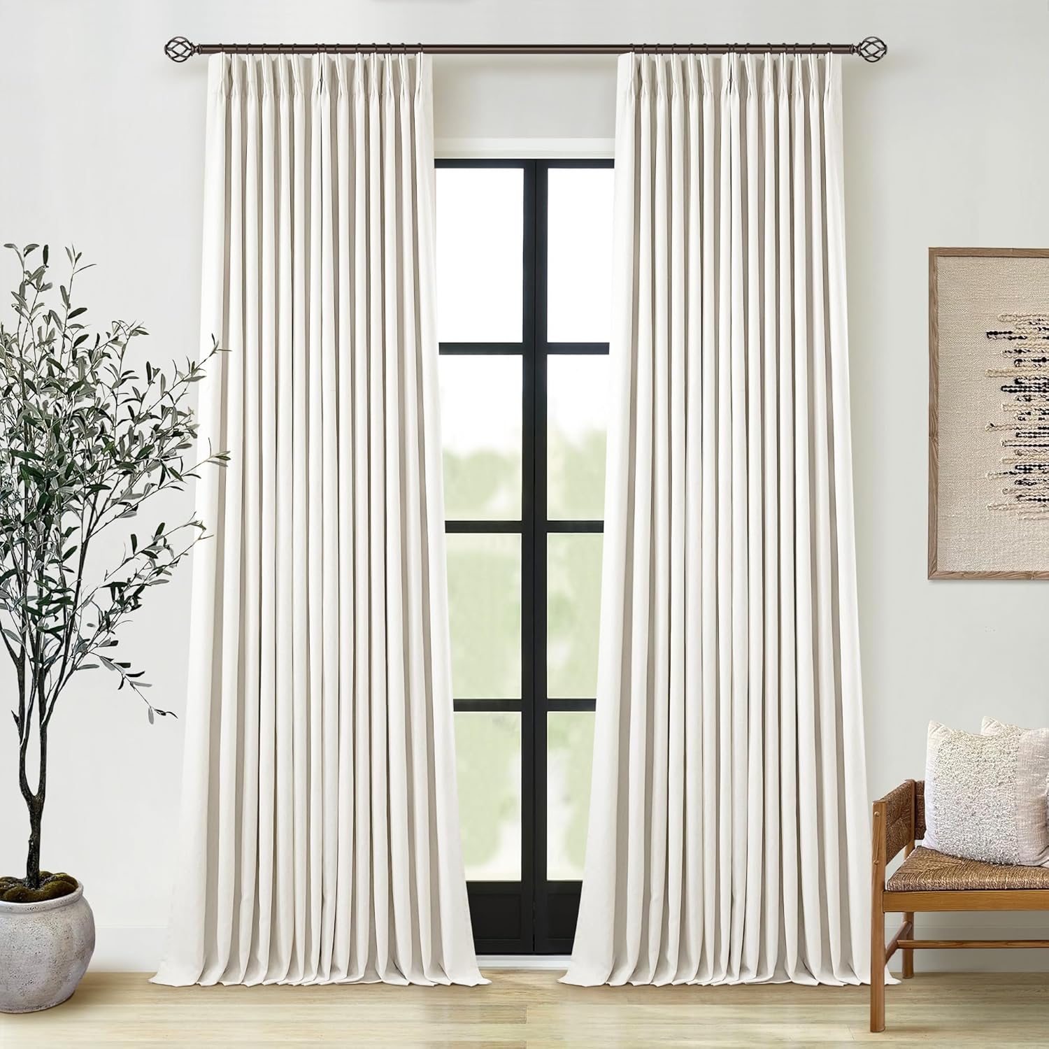 102 Inches Long Pinch Pleated Linen Blackout Curtains for Bedroom Back Tab Track Memory Trained Shape Farmhouse Light Blocking Curtains 102 Inch Length for Living Dining Room Darkening Drapes Cream