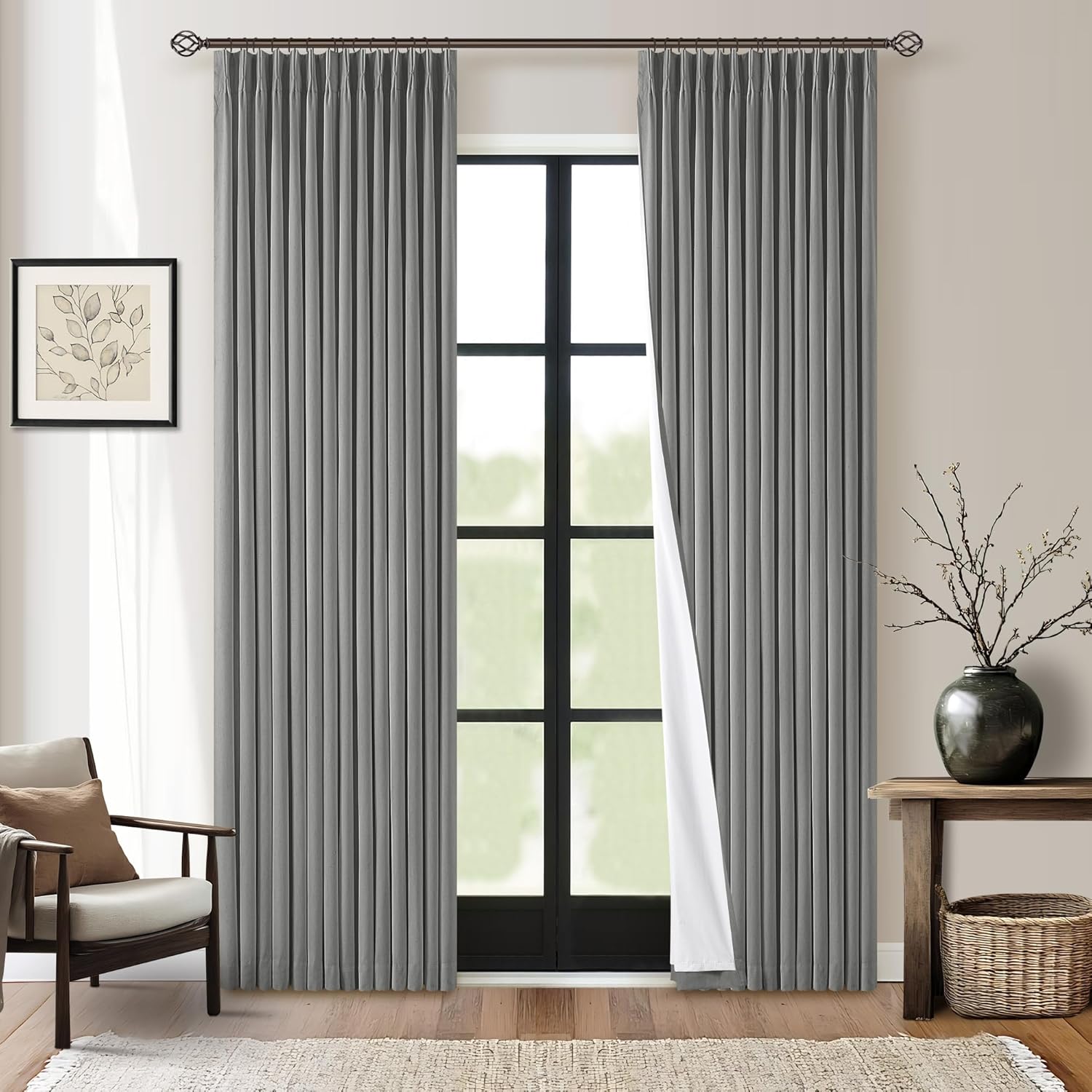 102 Inches Long Pinch Pleated Linen Blackout Curtains for Bedroom Back Tab Track Memory Trained Shape Farmhouse Light Blocking Curtains 102 Inch Length for Living Dining Room Darkening Drapes Cream