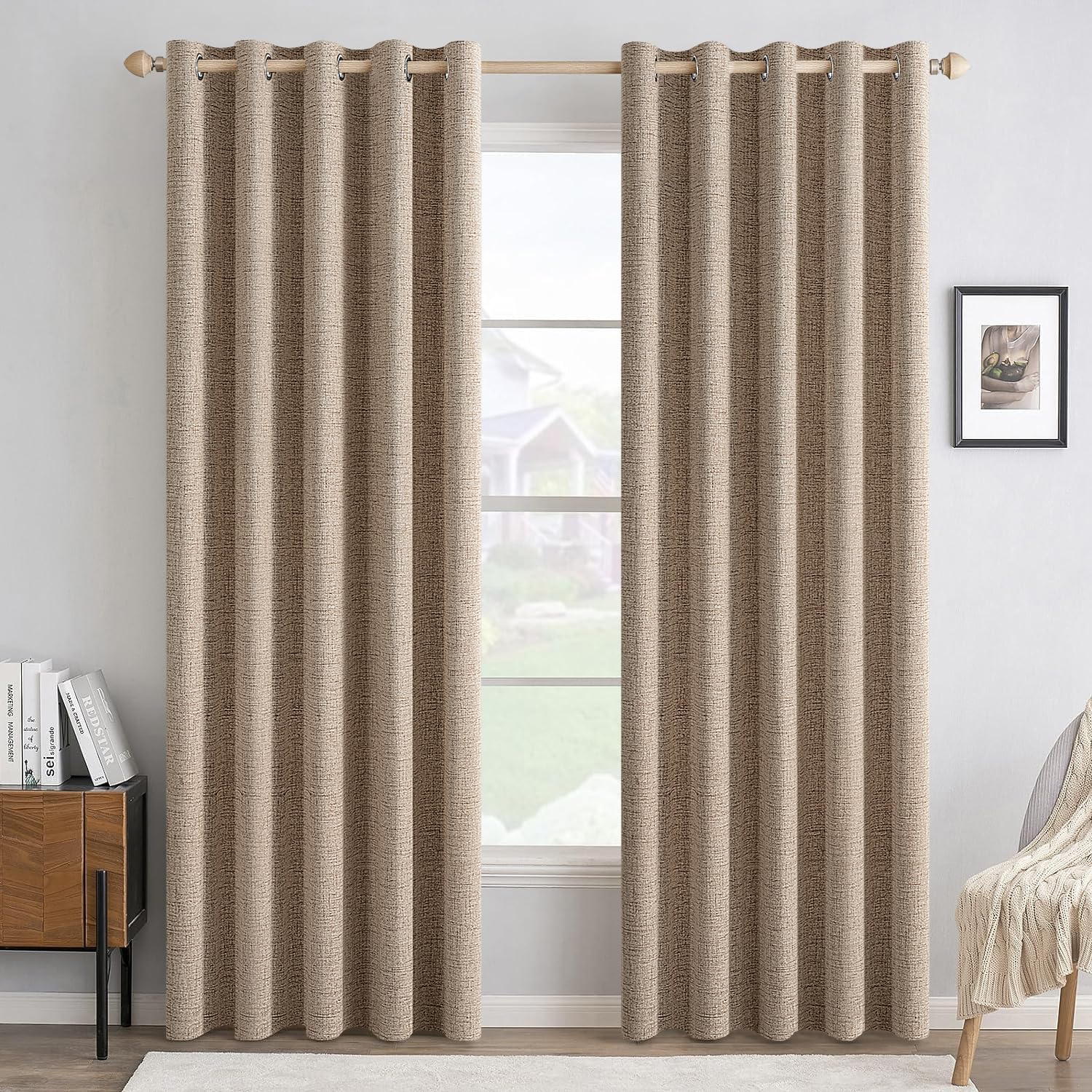 MIULEE 100% Blackout Linen Textured Curtains for Bedroom Solid Thermal Insulated Copper Brown Grommet Room Darkening Curtains & Drapes Luxury Decor for Living Room Nursery 52 x 84 Inch (2 Panels)