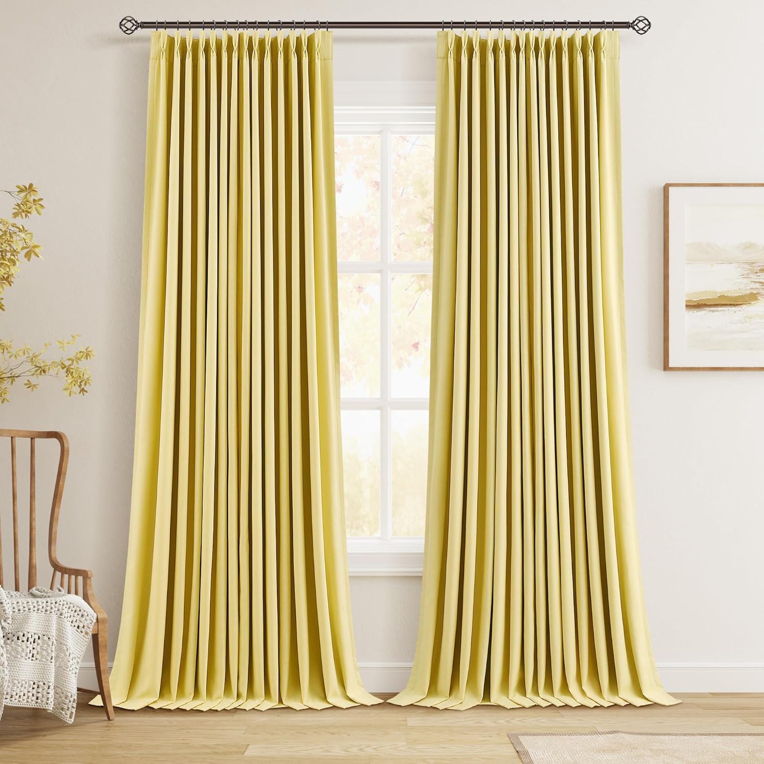 100% Blackout Pinch Pleated Curtains Linen 90 Inches Long for Bedroom 2 Panels Set Full Black Out Thermal Insulated Curtain Natural Boho Farmhouse Pinch Pleat Double Layer Room Darkening Drapes Cream