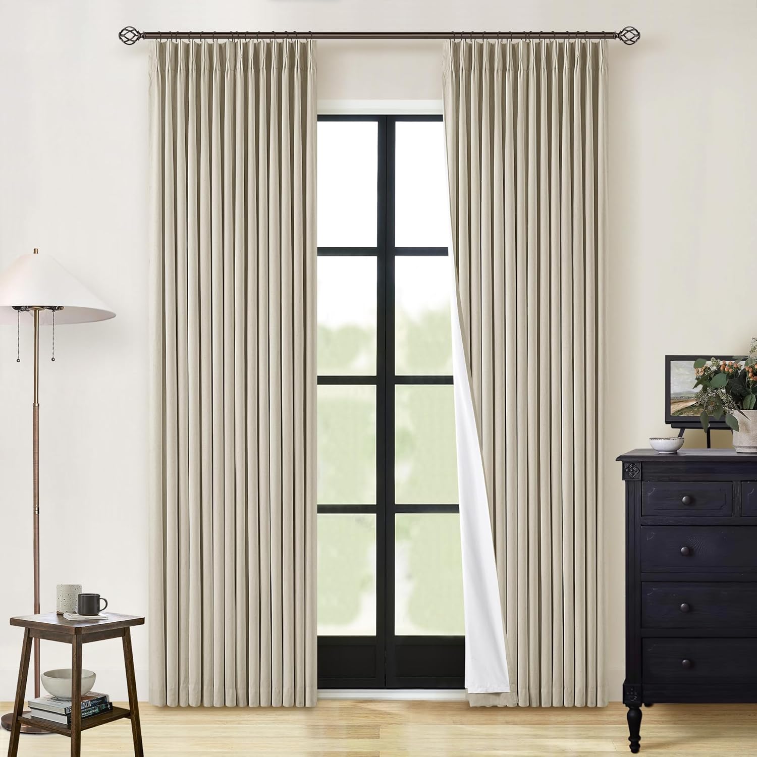 102 Inches Long Pinch Pleated Linen Blackout Curtains for Bedroom Back Tab Track Memory Trained Shape Farmhouse Light Blocking Curtains 102 Inch Length for Living Dining Room Darkening Drapes Cream
