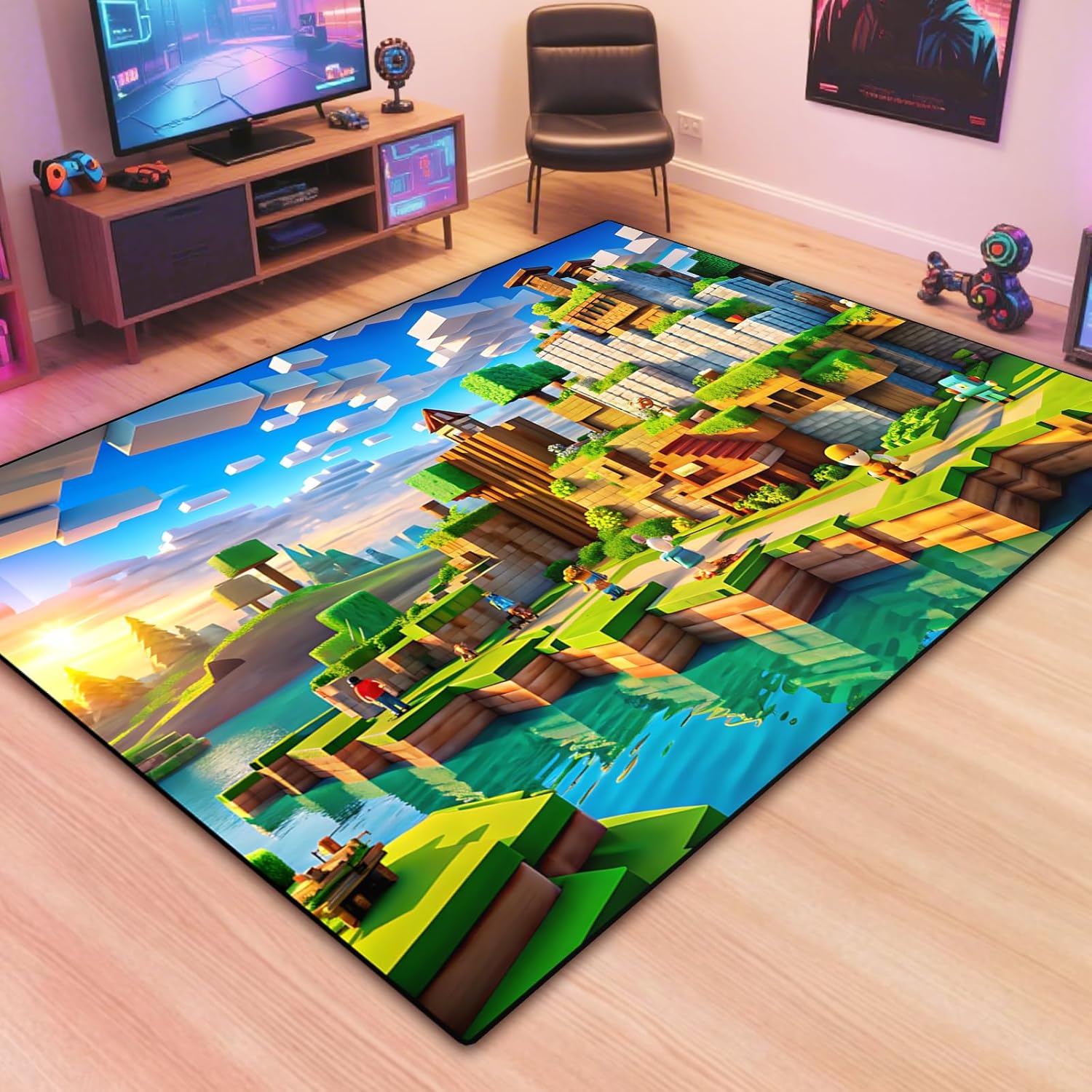 Block Game Rug Teen Kids Carpet, Pixel Games Scene Decoration Mat, Washable Cube Block Game Rugs for Boy’s Bedroom Living Room Playroom, Non-Slip Children Gaming Area Rugs (Green Village, 79" x 59")
