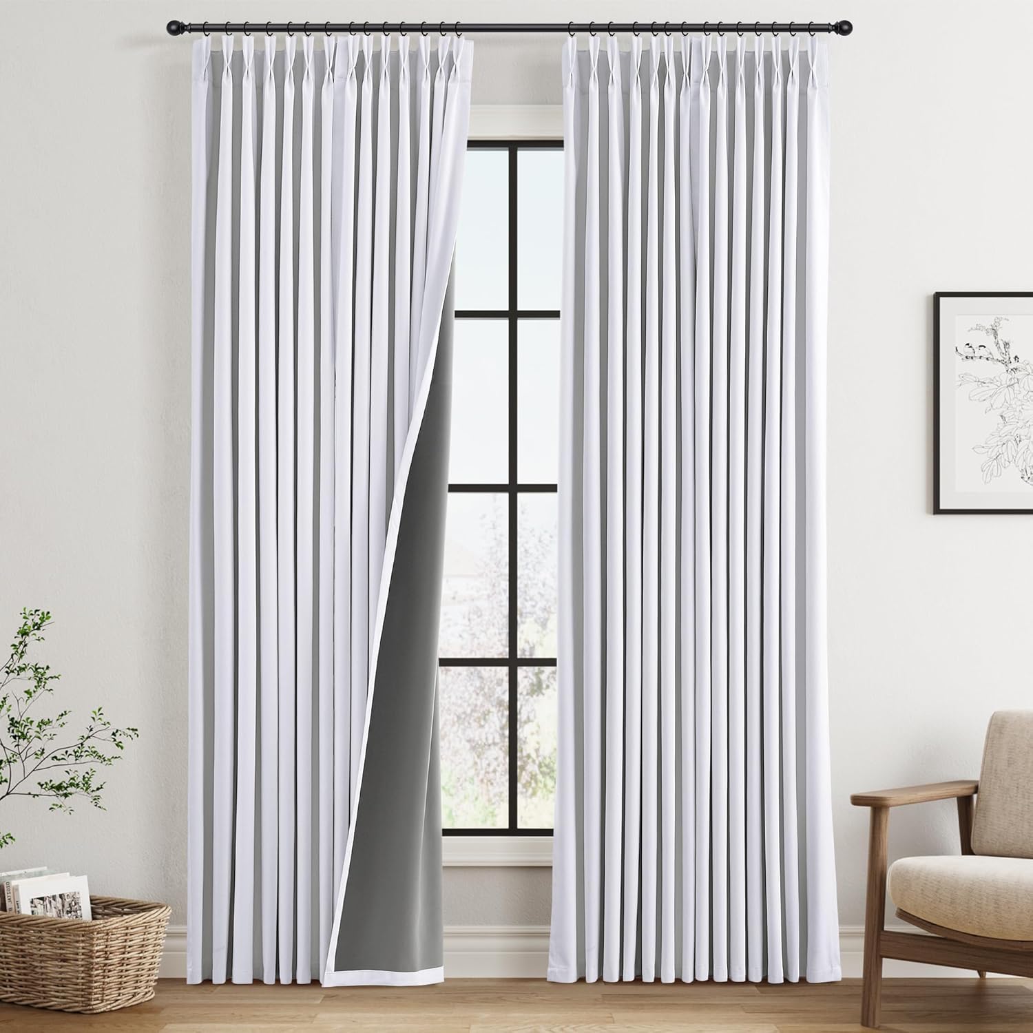 Pinch Pleated 100% Blackout Linen Curtains 96 Inches Long for Bedroom Living Room Memory Trained Pinch Pleat Linen Curtains Rustic Farmhouse Thermal Insulated Natural Cream Pleated Drapes 8ft 40x96