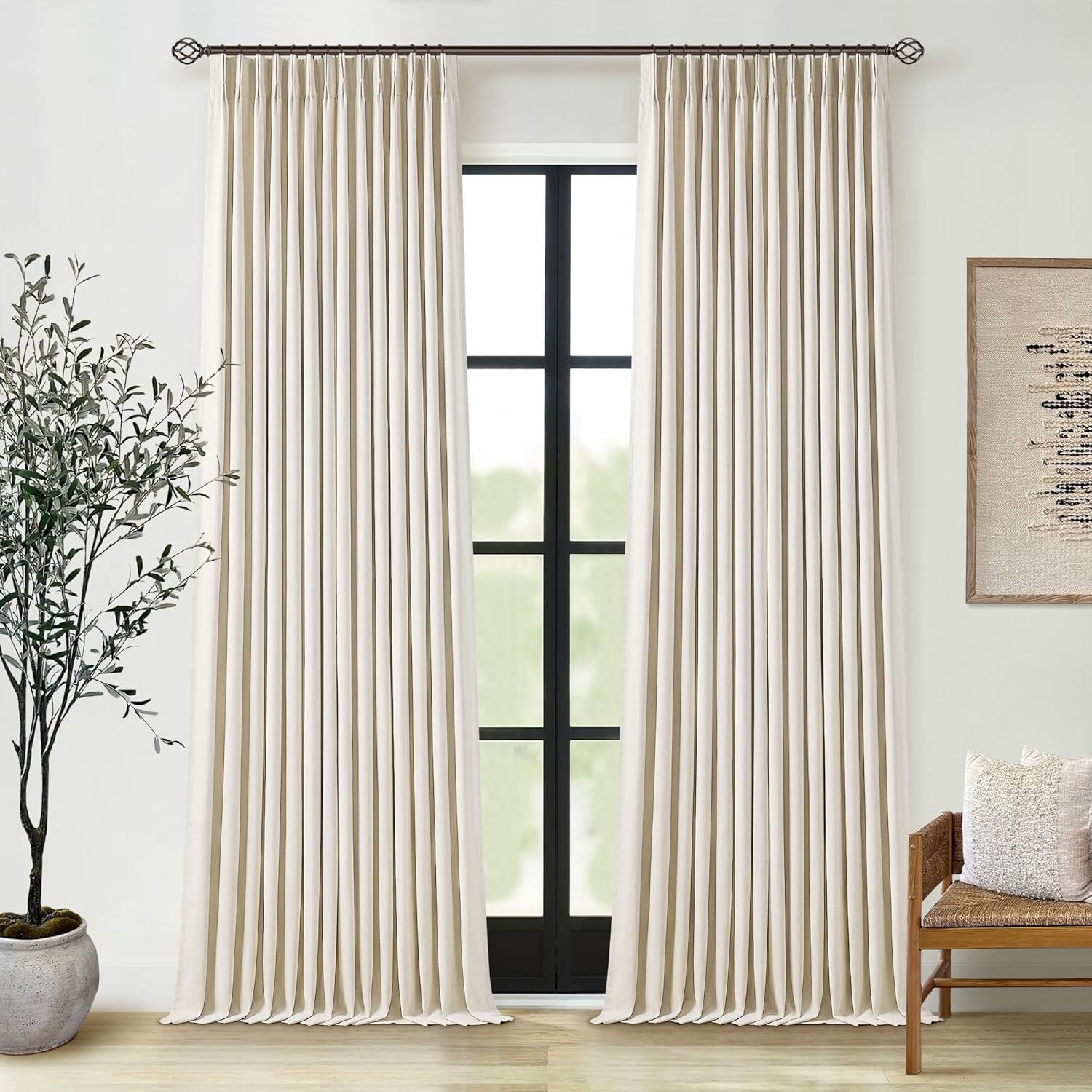 102 Inches Long Pinch Pleated Linen Blackout Curtains for Bedroom Back Tab Track Memory Trained Shape Farmhouse Light Blocking Curtains 102 Inch Length for Living Dining Room Darkening Drapes Cream
