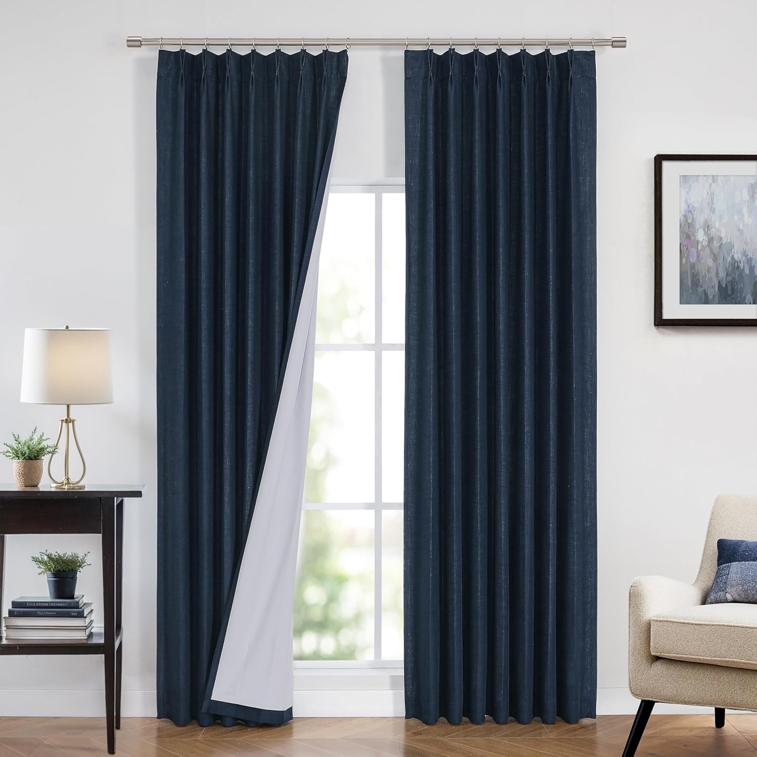Vision Home Natural Pinch Pleated Full Blackout Curtains Linen Blended Room Darkening Window Curtains 90 inch for Living Room Bedroom Thermal Insulated Pinch Pleat Drapes with Hooks 2 Panel 40"Wx90"L