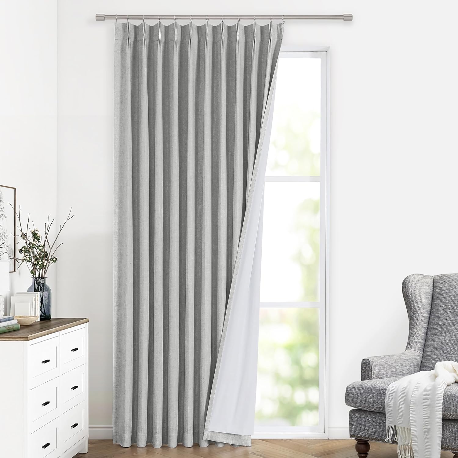 Vision Home Natural Pinch Pleated Full Blackout Curtains Linen Blended Room Darkening Window Curtains 90 inch for Living Room Bedroom Thermal Insulated Pinch Pleat Drapes with Hooks 2 Panel 40"Wx90"L