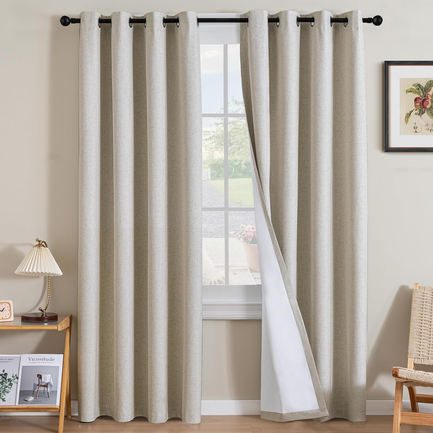 H.VERSAILTEX Blackout Curtains, Linen Curtains 108 inches Long 100% Black Out Curtains for Bedroom Windows, Textured Linen Look Draperies Grommet with White Liner, 2 Panels, Natural