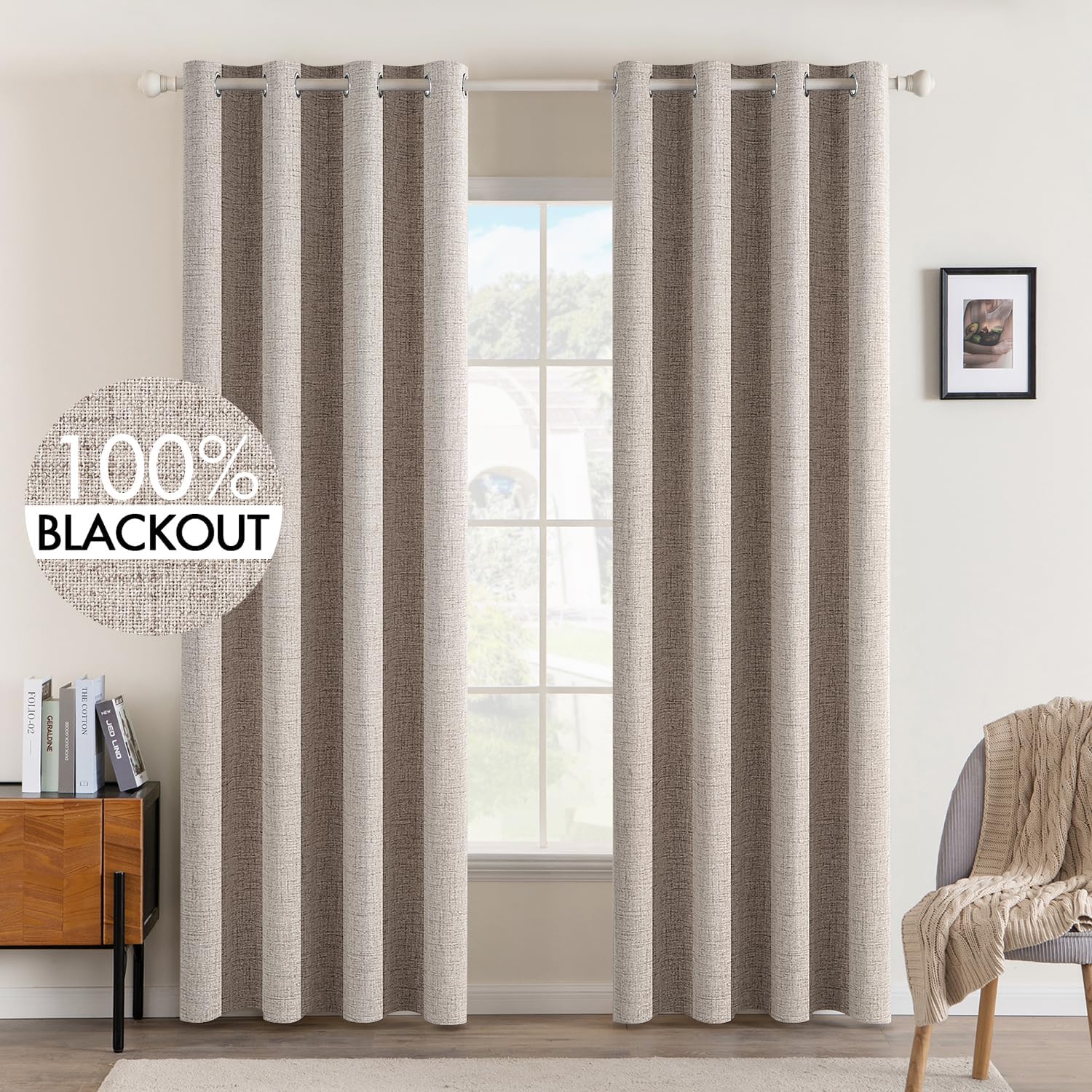 MIULEE 100% Blackout Linen Textured Curtains for Bedroom Solid Thermal Insulated Copper Brown Grommet Room Darkening Curtains & Drapes Luxury Decor for Living Room Nursery 52 x 84 Inch (2 Panels)