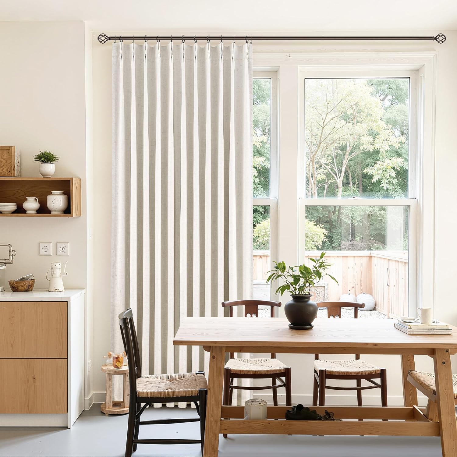 100% Blackout Pinch Pleated Curtains Linen 90 Inches Long for Bedroom 2 Panels Set Full Black Out Thermal Insulated Curtain Natural Boho Farmhouse Pinch Pleat Double Layer Room Darkening Drapes Cream