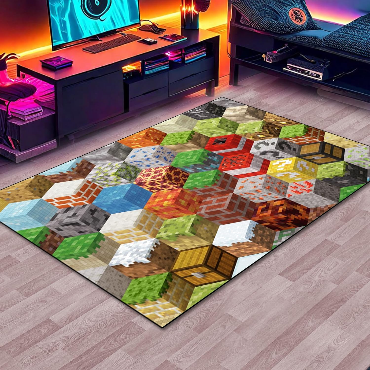 Block Game Rug Teen Boys Carpet with Pixel Games Element Decoration Mat, Cube Block Game Rugs for Boy’s Bedroom Living Room Playroom, Non-Slip Children Gaming Area Rugs (79" x 59")