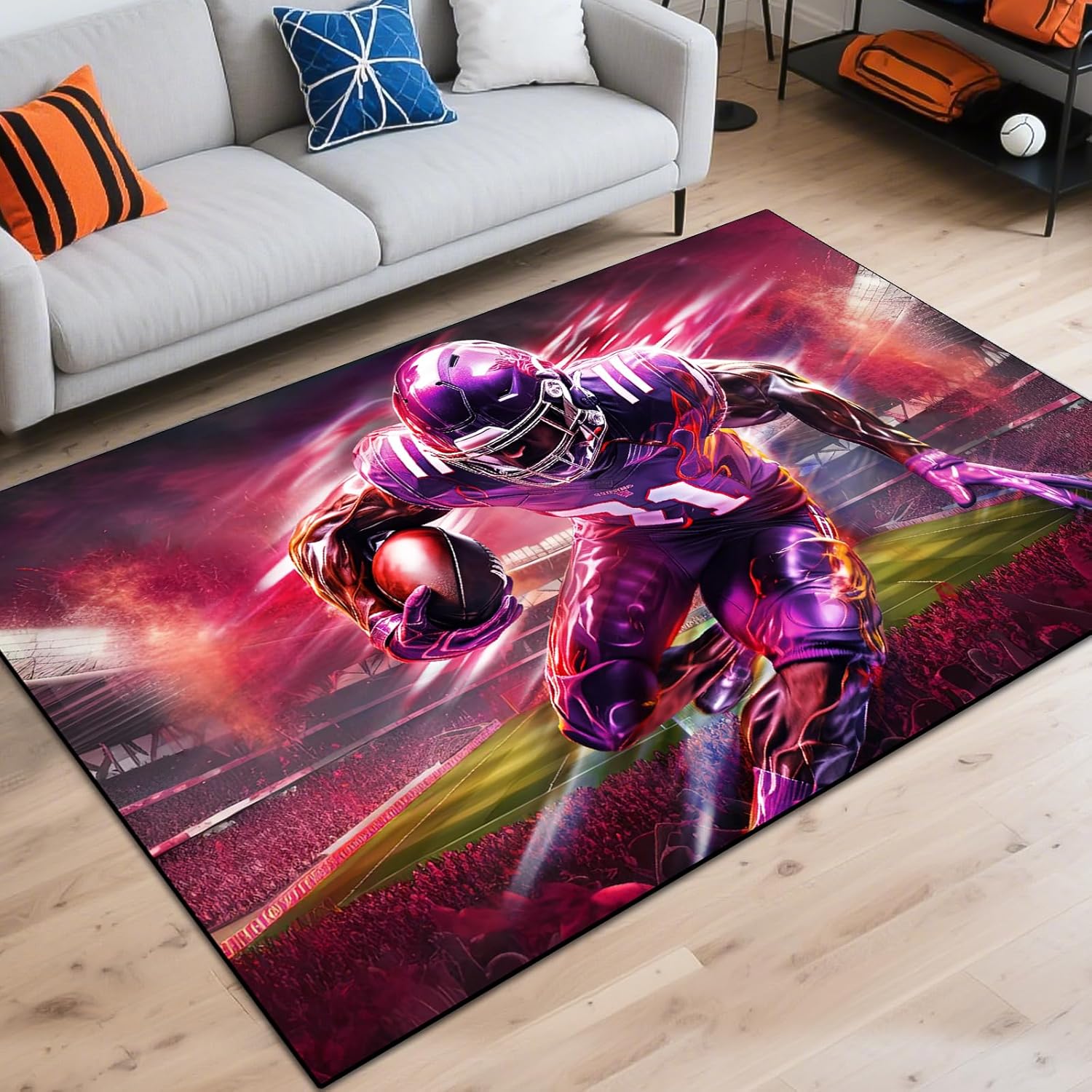 Washable Game Area Rug, Sports Ball Design Gaming Teen Carpet Rug Doormat, Non-Slip Low-Pile Floor Carpet for Computer Bedroom Indoor Front Entrance Living Room Office (Basketball 1, 79" x 59")