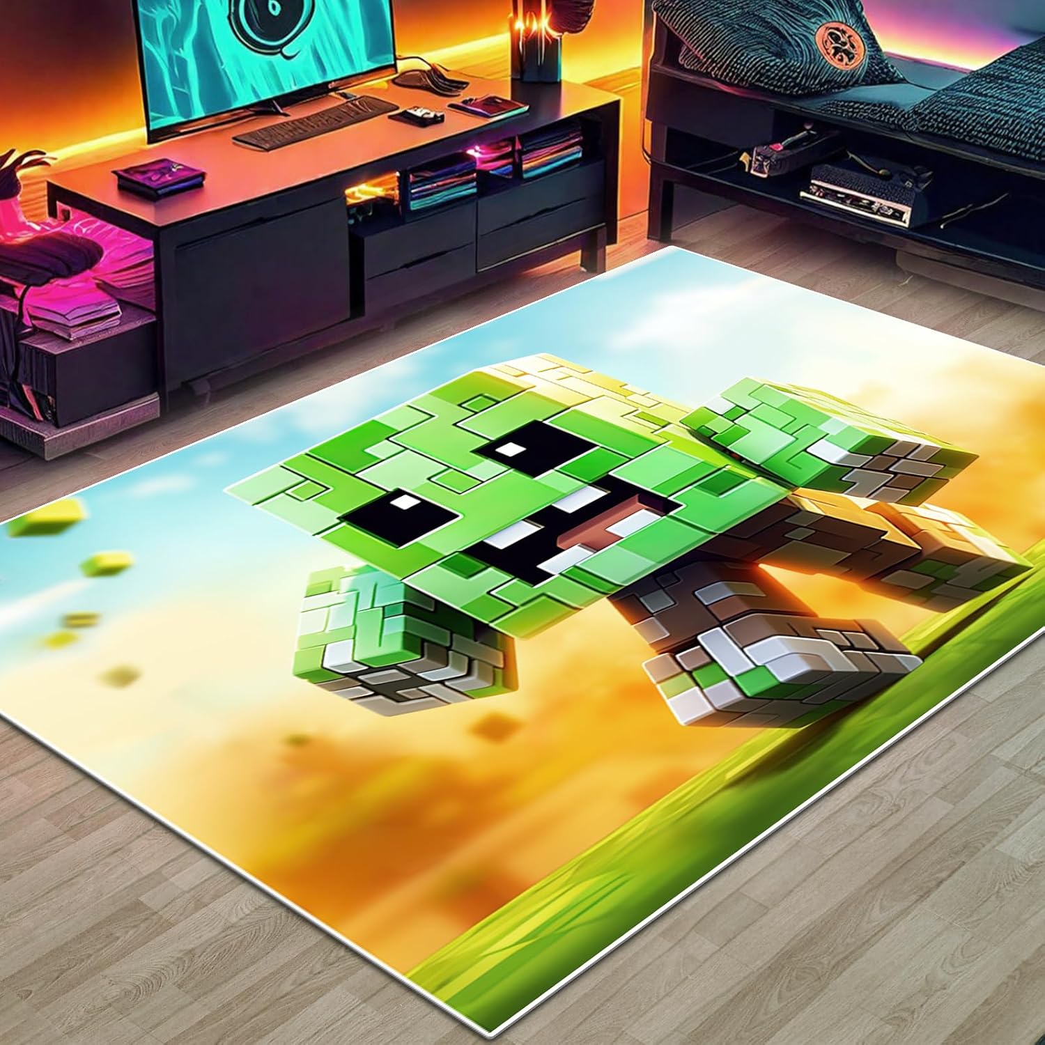 Block Game Rug Teen Boys Carpet with Pixel Games Element Decoration Mat, Cube Block Game Rugs for Boy’s Bedroom Living Room Playroom, Non-Slip Children Gaming Area Rugs (79" x 59")