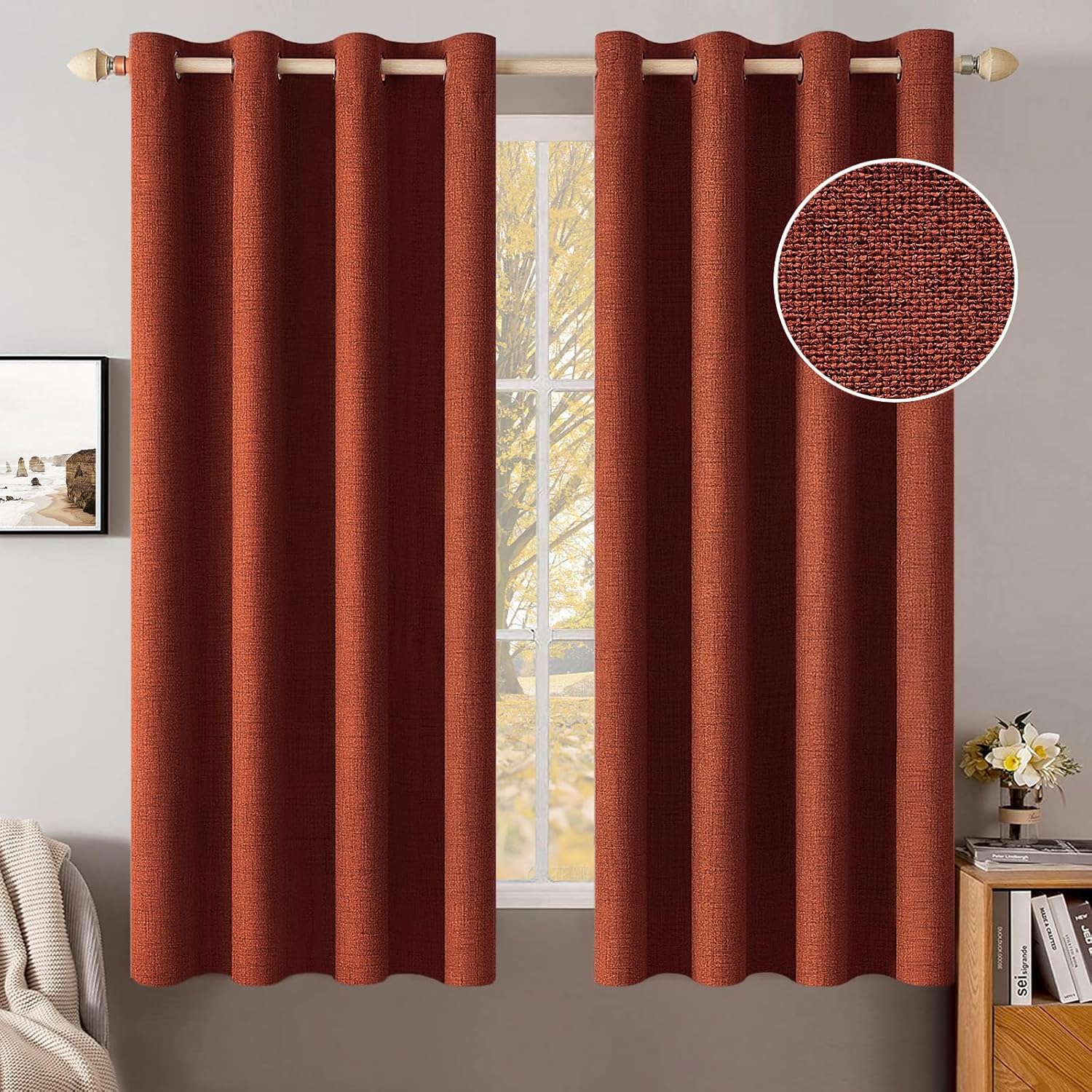 MIULEE 100% Blackout Linen Textured Curtains for Bedroom Solid Thermal Insulated Copper Brown Grommet Room Darkening Curtains & Drapes Luxury Decor for Living Room Nursery 52 x 84 Inch (2 Panels)
