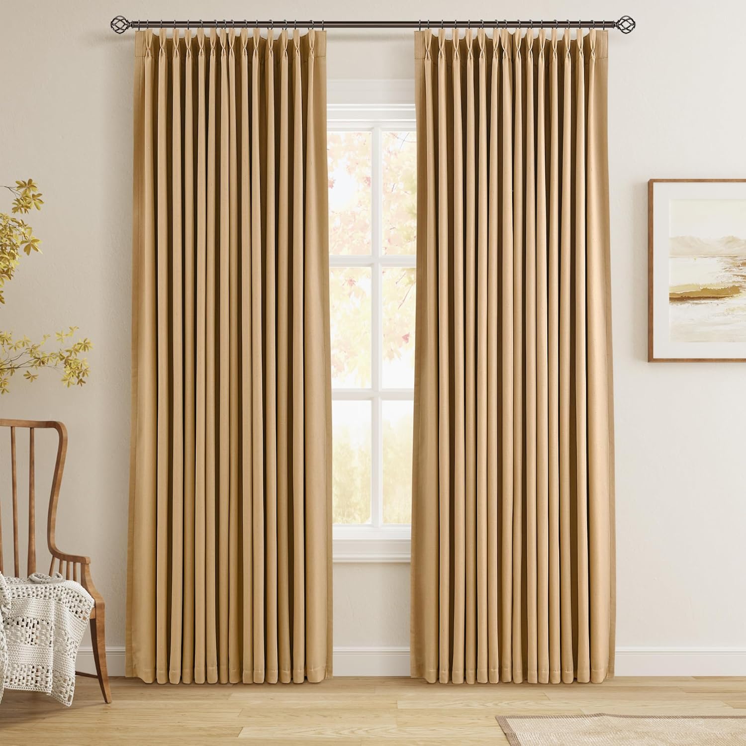 100% Blackout Pinch Pleated Curtains Linen 90 Inches Long for Bedroom 2 Panels Set Full Black Out Thermal Insulated Curtain Natural Boho Farmhouse Pinch Pleat Double Layer Room Darkening Drapes Cream