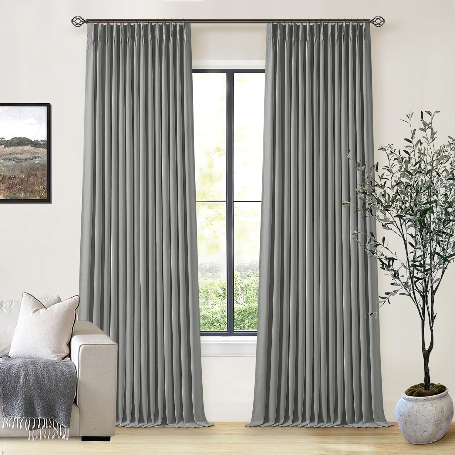 102 Inches Long Pinch Pleated Linen Blackout Curtains for Bedroom Back Tab Track Memory Trained Shape Farmhouse Light Blocking Curtains 102 Inch Length for Living Dining Room Darkening Drapes Cream