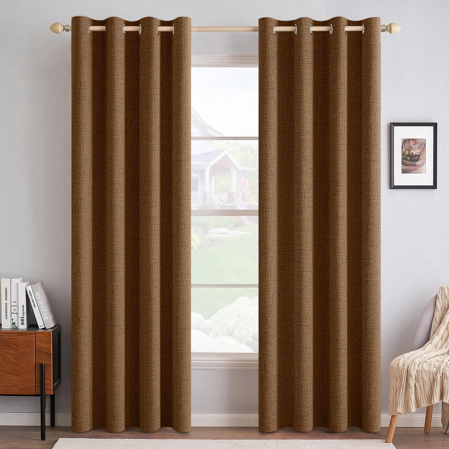 MIULEE 100% Blackout Linen Textured Curtains for Bedroom Solid Thermal Insulated Copper Brown Grommet Room Darkening Curtains & Drapes Luxury Decor for Living Room Nursery 52 x 84 Inch (2 Panels)