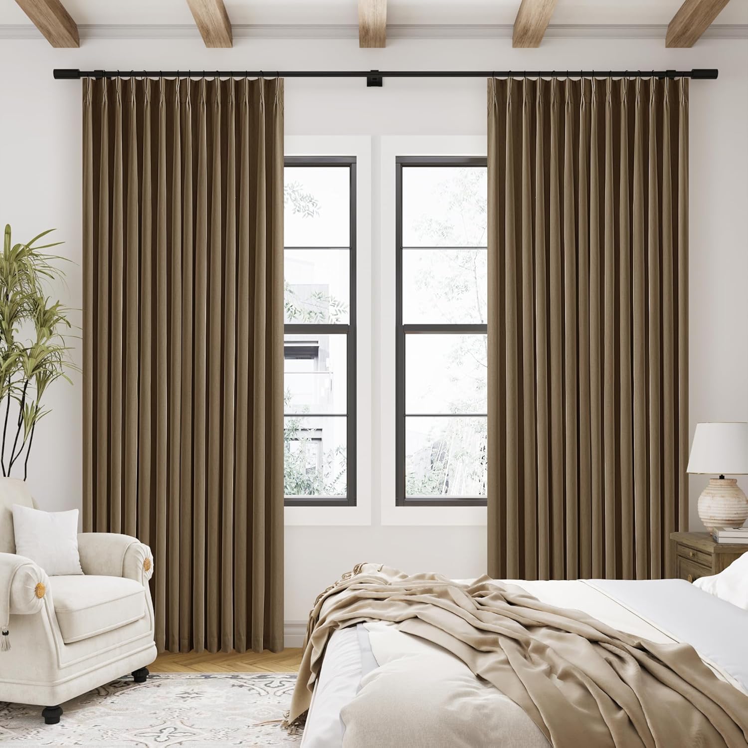 102 Inches Long Pinch Pleated Linen Blackout Curtains for Bedroom Back Tab Track Memory Trained Shape Farmhouse Light Blocking Curtains 102 Inch Length for Living Dining Room Darkening Drapes Cream