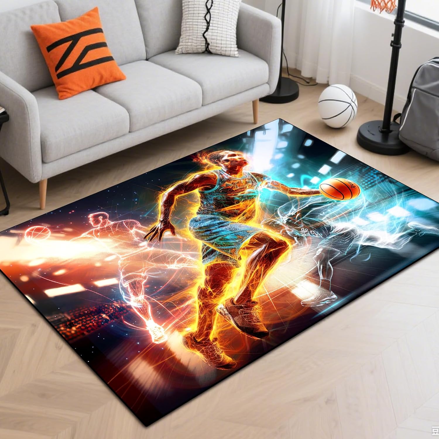 Washable Game Area Rug, Sports Ball Design Gaming Teen Carpet Rug Doormat, Non-Slip Low-Pile Floor Carpet for Computer Bedroom Indoor Front Entrance Living Room Office (Basketball 1, 79" x 59")