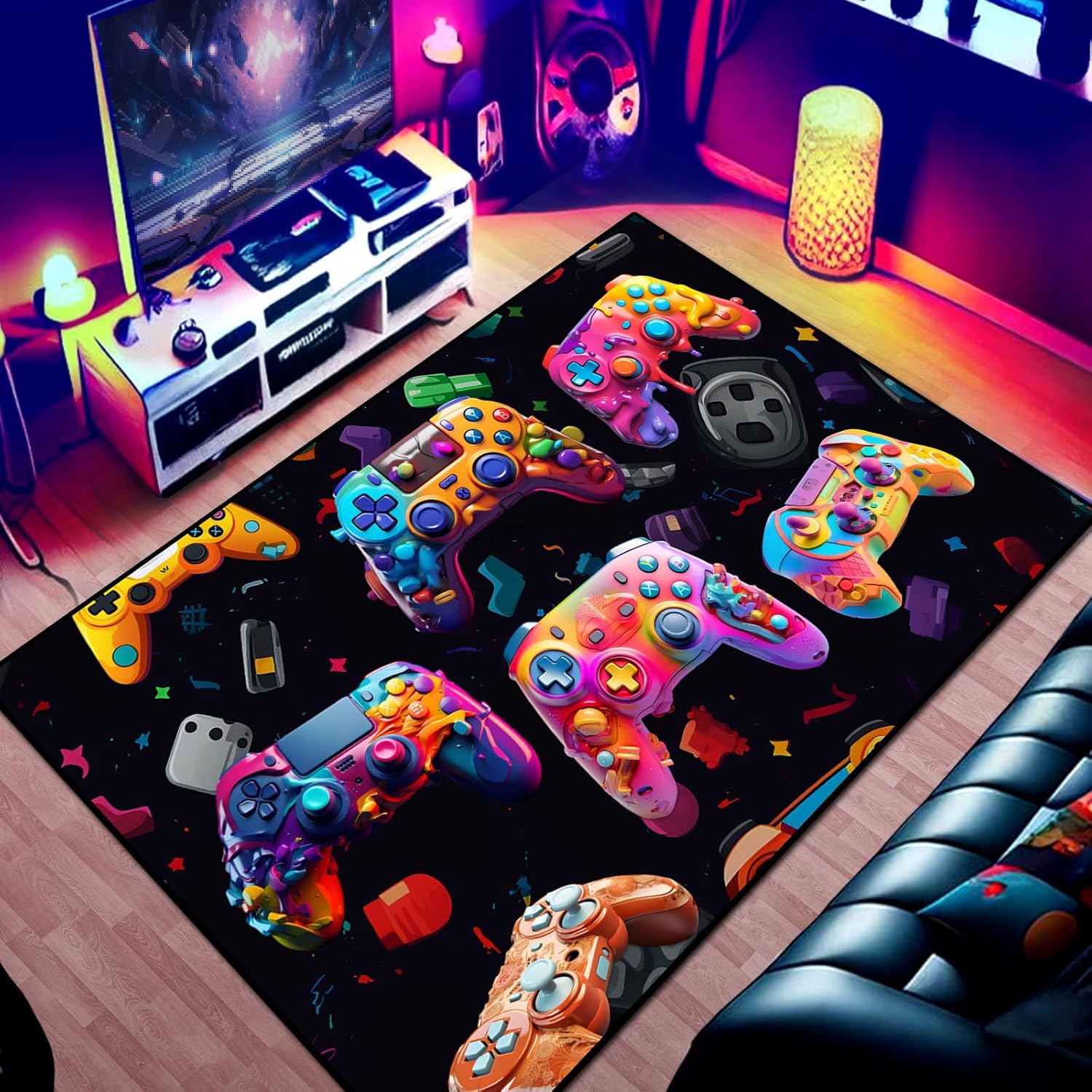 Gaming Area Rug Teen Boys Carpet, Transparent Gamepad and Colorful Lighting Background Game Controller Design for Game Room, Gaming Room, Boys Girls Bedroom Playroom, Living Room (79" x 59")