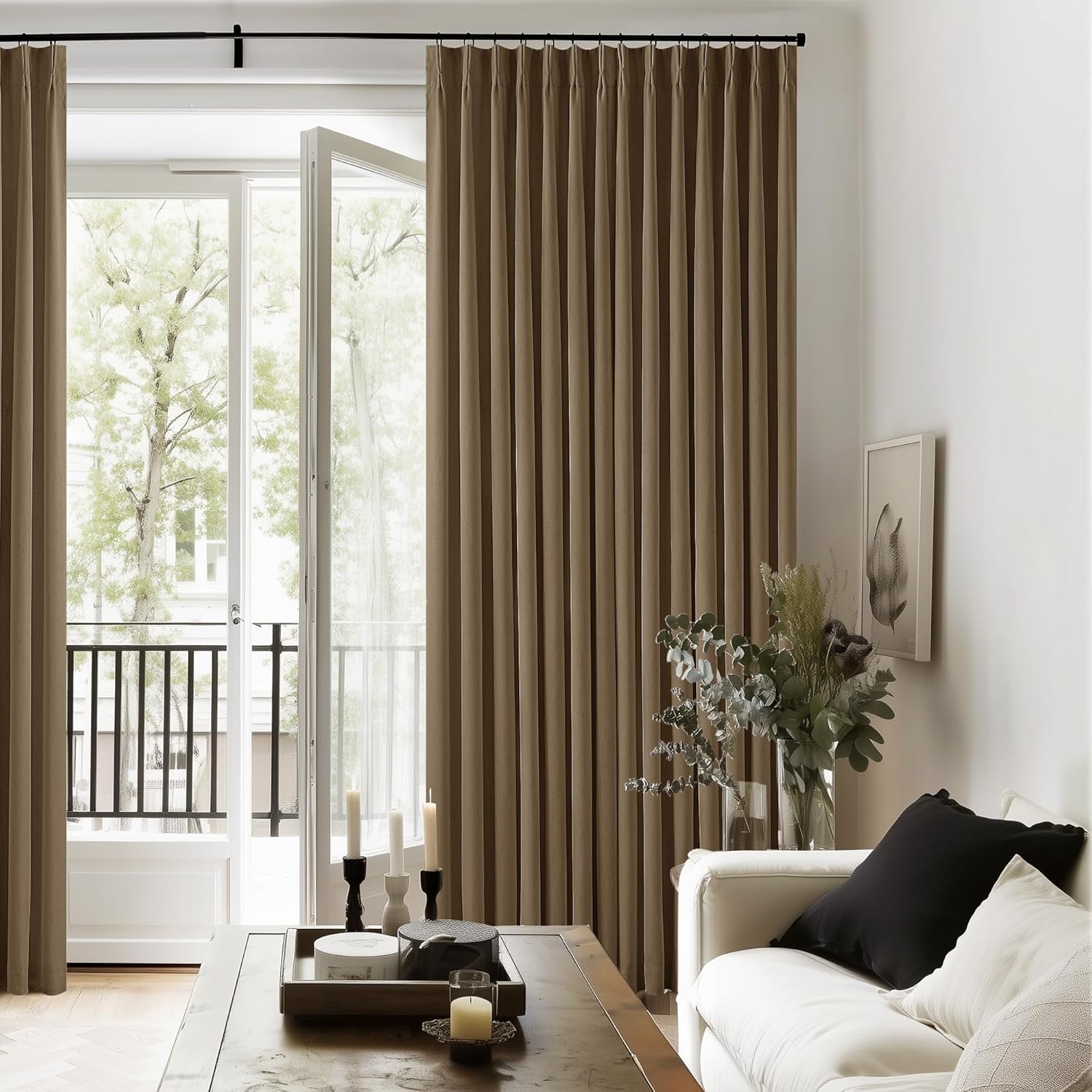 102 Inches Long Pinch Pleated Linen Blackout Curtains for Bedroom Back Tab Track Memory Trained Shape Farmhouse Light Blocking Curtains 102 Inch Length for Living Dining Room Darkening Drapes Cream
