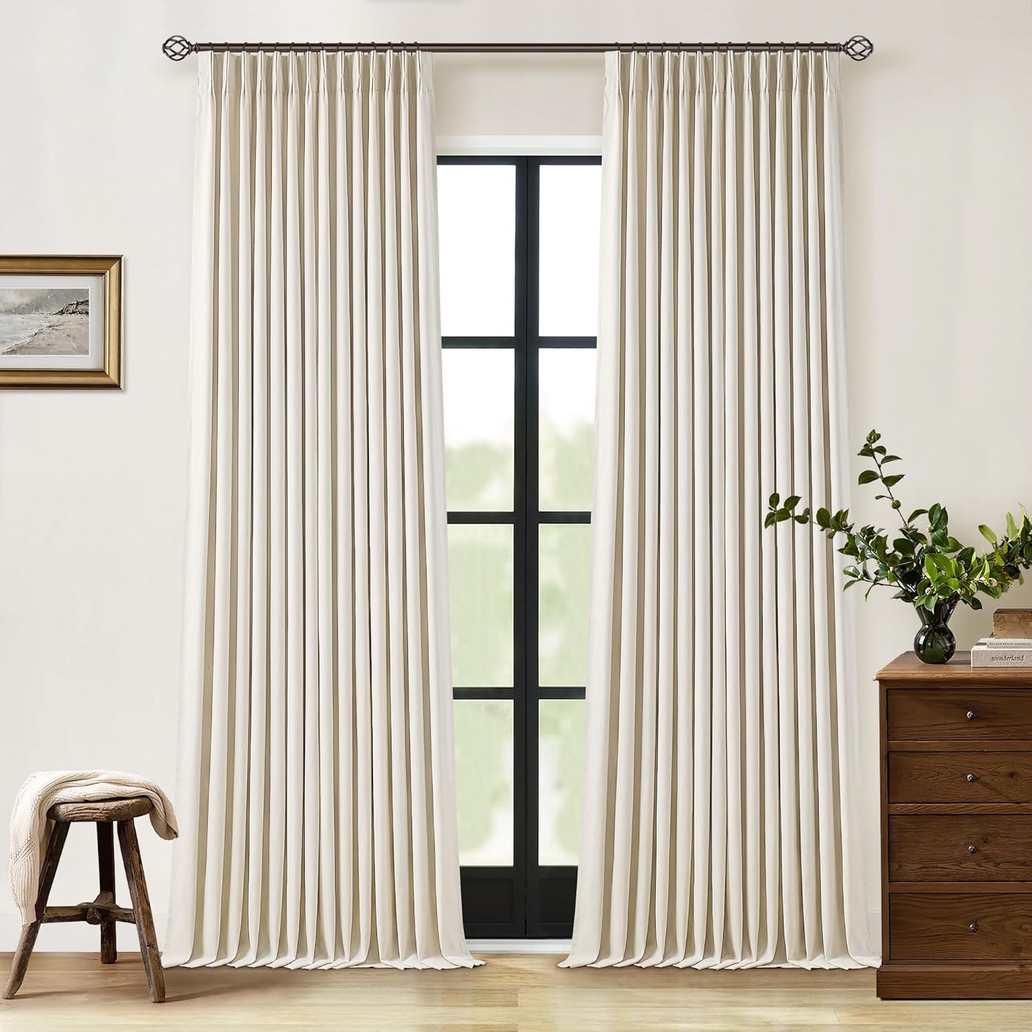 102 Inches Long Pinch Pleated Linen Blackout Curtains for Bedroom Back Tab Track Memory Trained Shape Farmhouse Light Blocking Curtains 102 Inch Length for Living Dining Room Darkening Drapes Cream