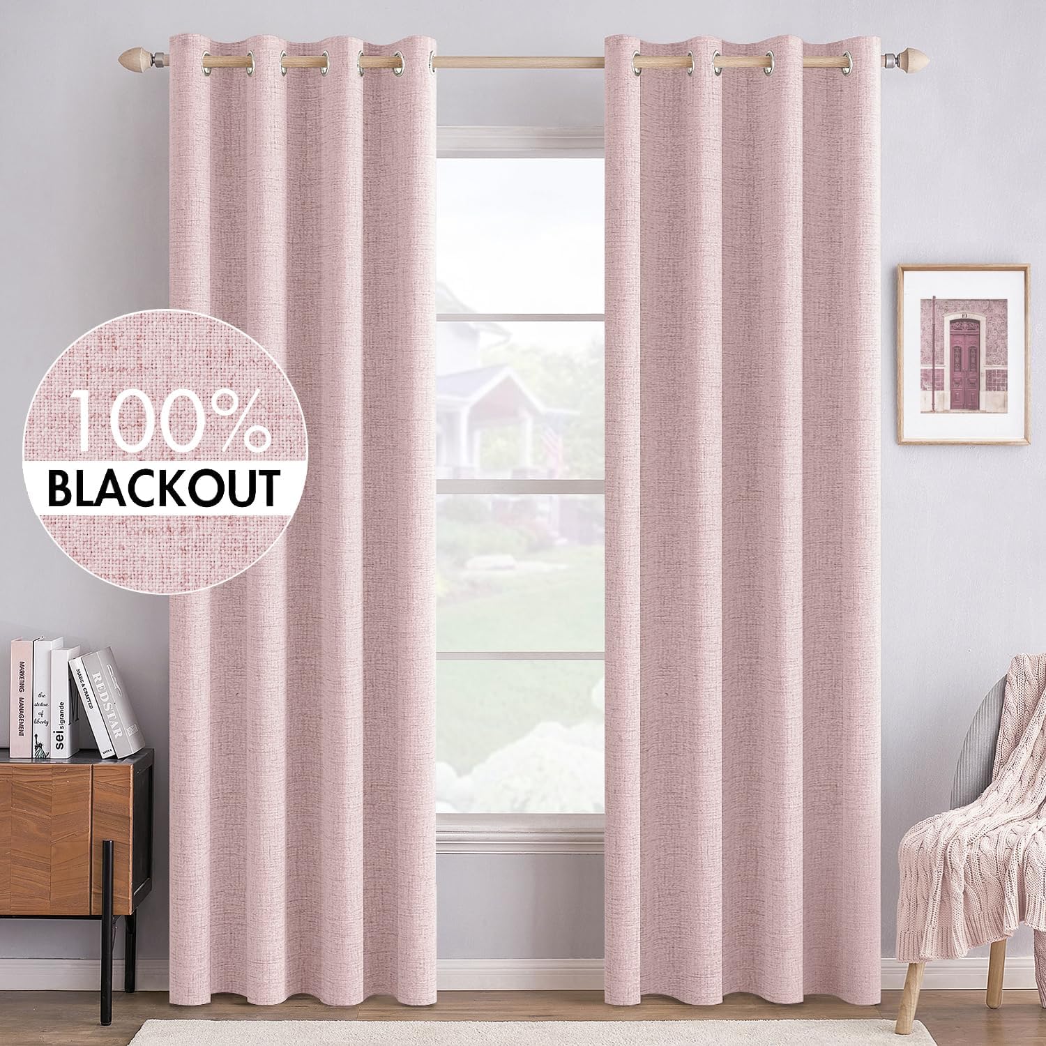MIULEE 100% Blackout Linen Textured Curtains for Bedroom Solid Thermal Insulated Copper Brown Grommet Room Darkening Curtains & Drapes Luxury Decor for Living Room Nursery 52 x 84 Inch (2 Panels)