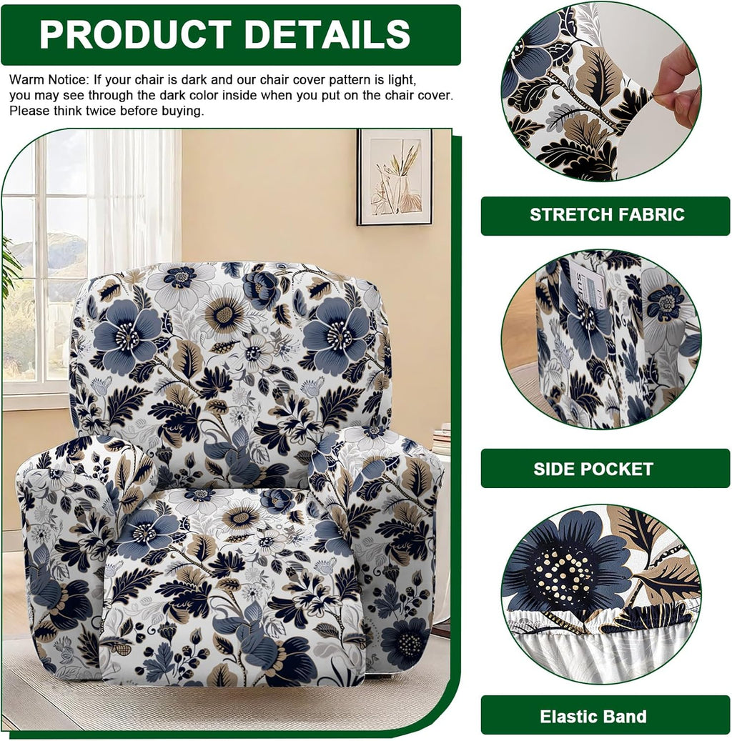 CRFATOP Printed Recliner Slipcover Stretch Reclining Chair Covers 4 Pieces Non Slip Recliner Sofa Slipcovers with Pocket Fitted Sofa Couch Cover Lazy Boy Chair Cover for Pet Kid Living Room,43