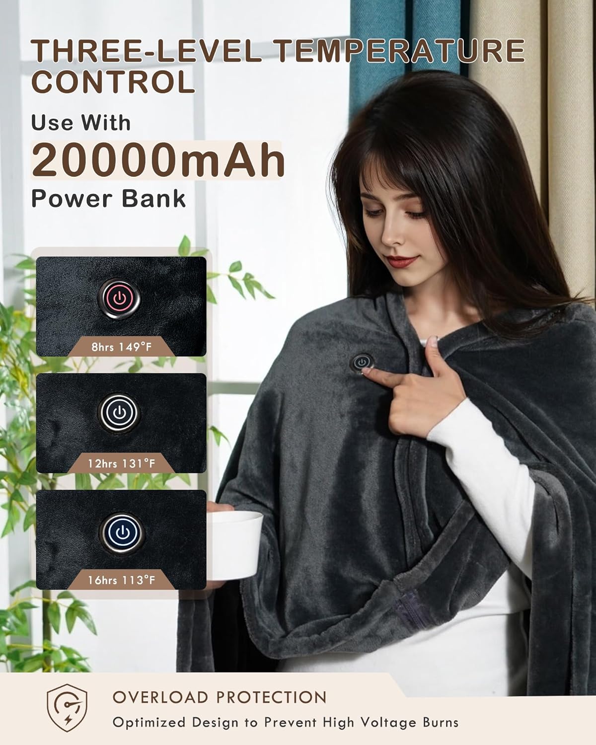 Cordless Heated Blanket, Cozy Portable Heated Blanket Battery Operated w/Hoodie, 3 Temp, 20000 mAh, Camping Wearable Heating Blanket for Car, Heated Throw Cordless