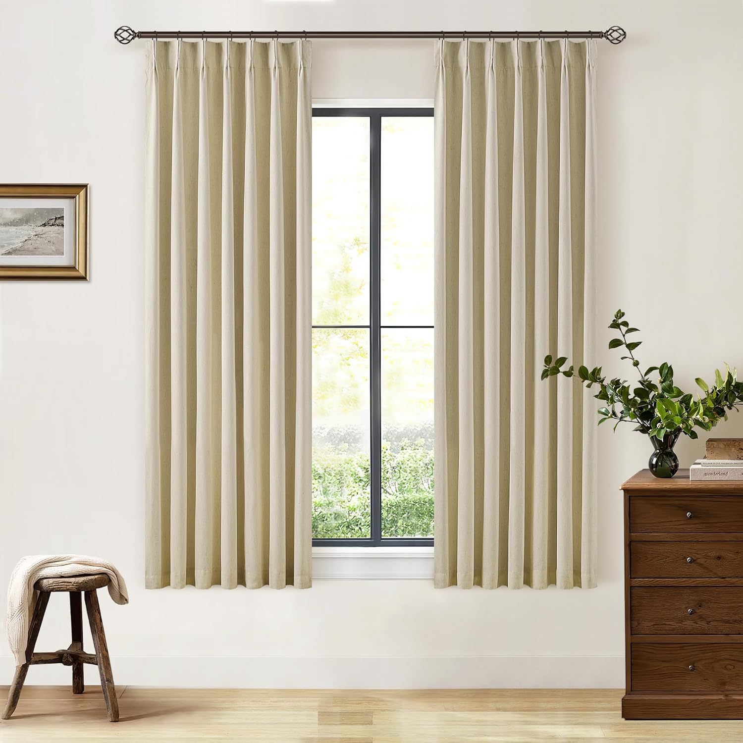 102 Inches Long Pinch Pleated Linen Blackout Curtains for Bedroom Back Tab Track Memory Trained Shape Farmhouse Light Blocking Curtains 102 Inch Length for Living Dining Room Darkening Drapes Cream