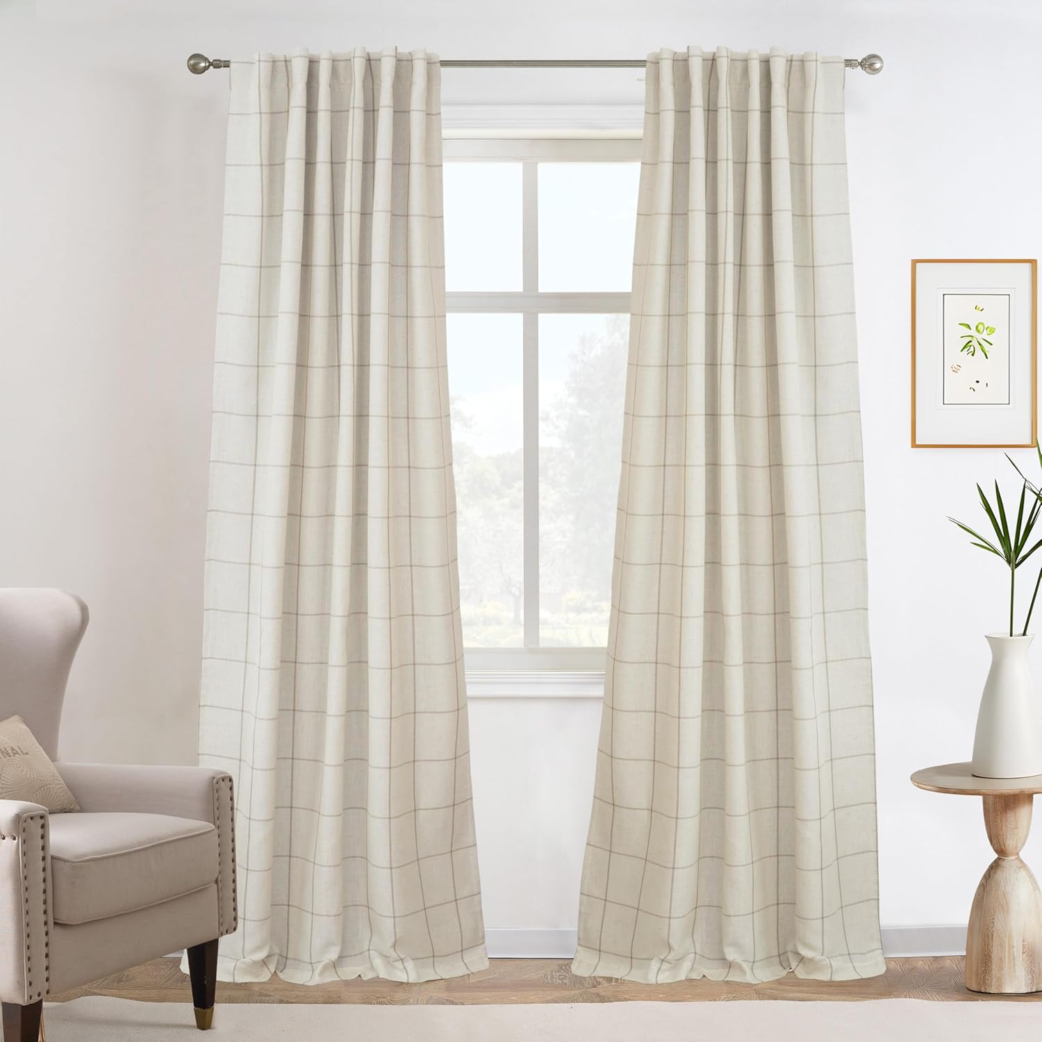 DriftAway 2 Panels 100% Blackout Windowpane Plaid Linen Curtains Double Layer Drapes for Bedroom 84 Inches Long Farmhouse Thermal Insulated 3.25 Inch Rod Pocket Back Tab for Living Room Taupe
