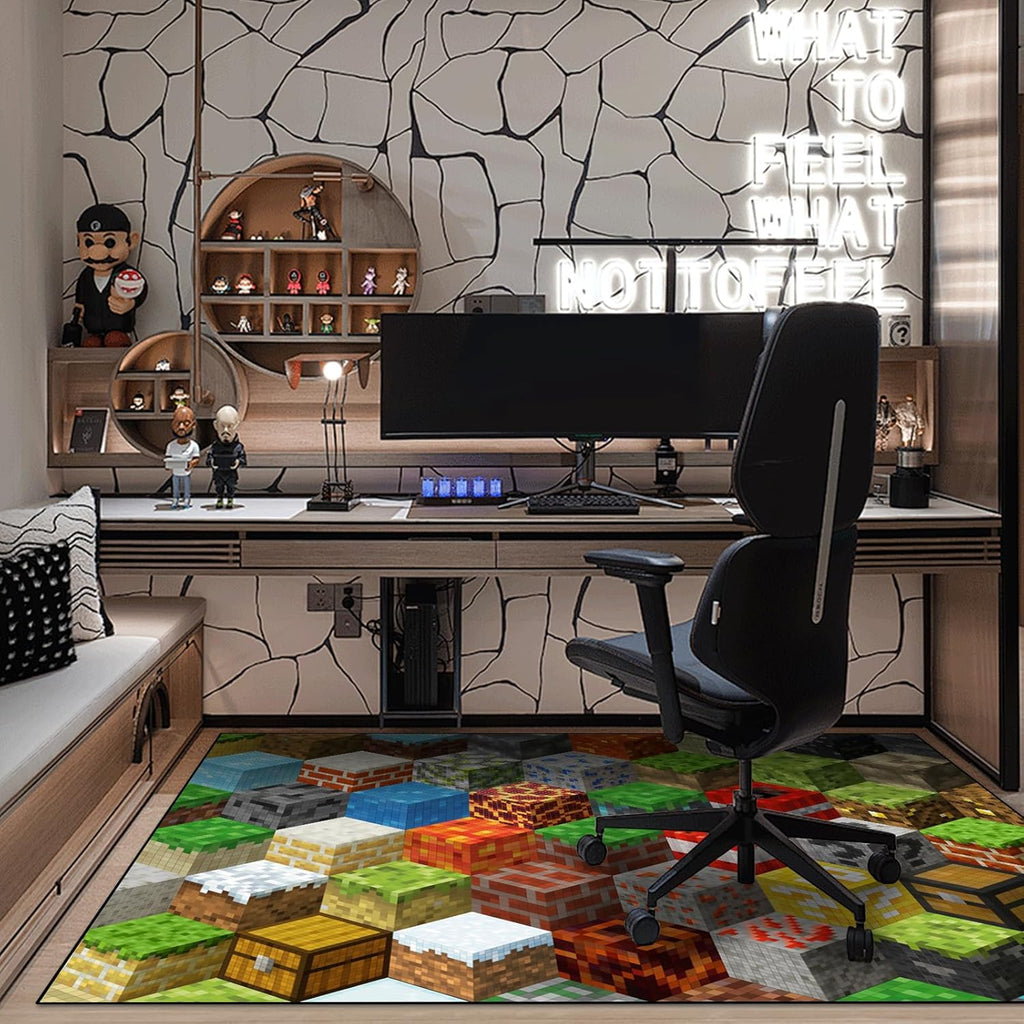 Block Game Rug Teen Boys Carpet with Pixel Games Element Decoration Mat, Cube Block Game Rugs for Boy’s Bedroom Living Room Playroom, Non-Slip Children Gaming Area Rugs (79" x 59")
