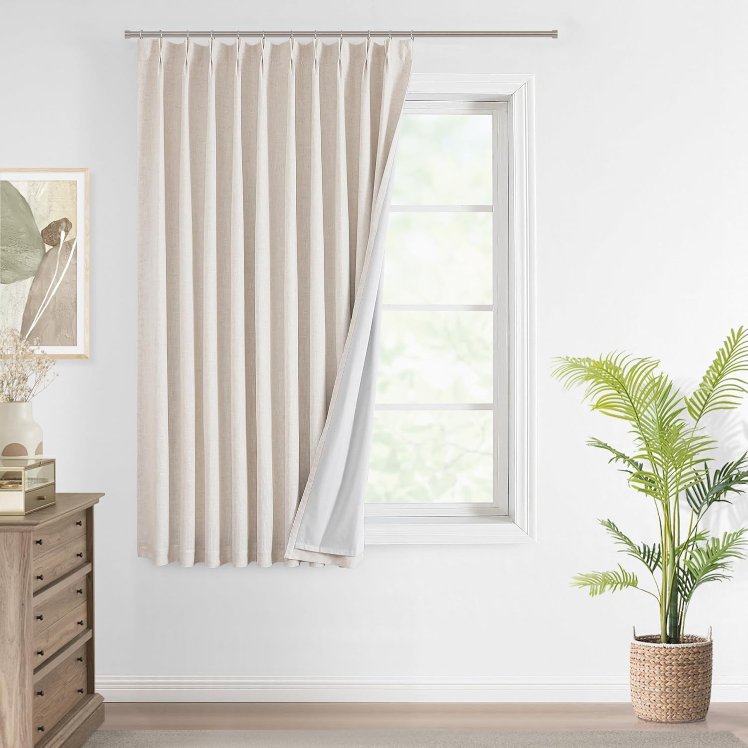 Vision Home Natural Pinch Pleated Full Blackout Curtains Linen Blended Room Darkening Window Curtains 90 inch for Living Room Bedroom Thermal Insulated Pinch Pleat Drapes with Hooks 2 Panel 40"Wx90"L