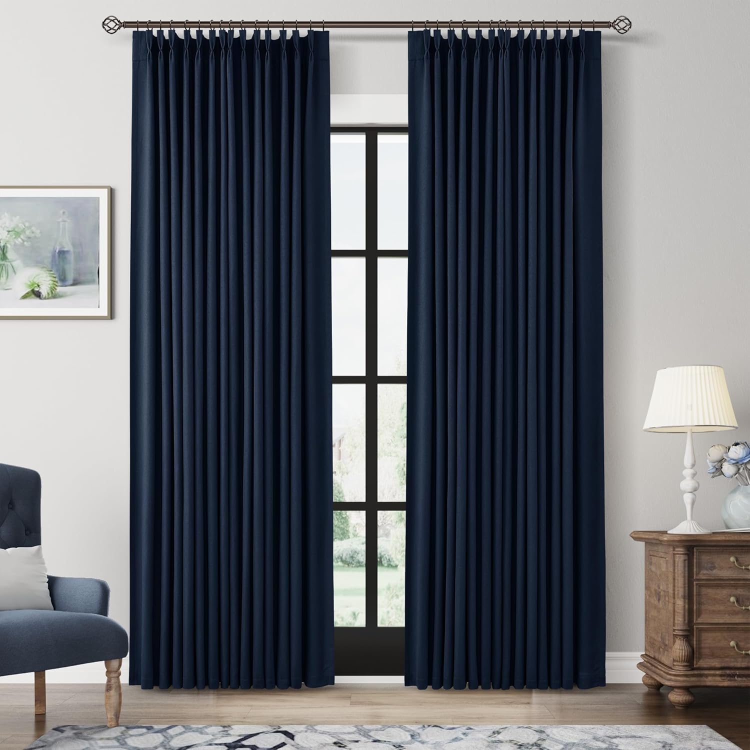 100% Blackout Pinch Pleated Curtains Linen 90 Inches Long for Bedroom 2 Panels Set Full Black Out Thermal Insulated Curtain Natural Boho Farmhouse Pinch Pleat Double Layer Room Darkening Drapes Cream